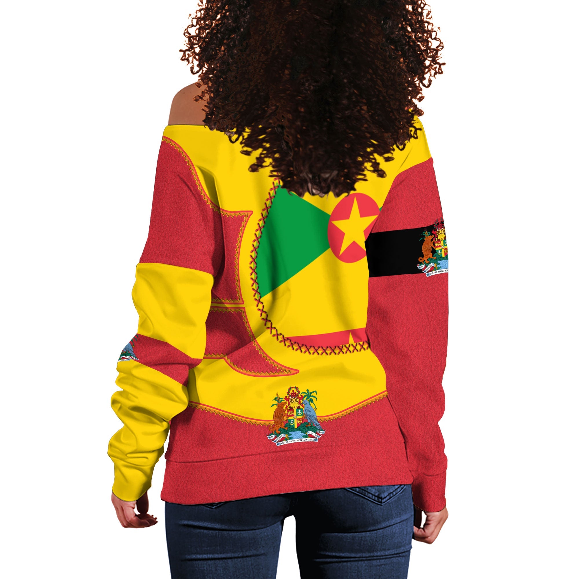 Grenada Women Off Shoulder Sweatshirt Flag & Coat Of Arms Leather Style