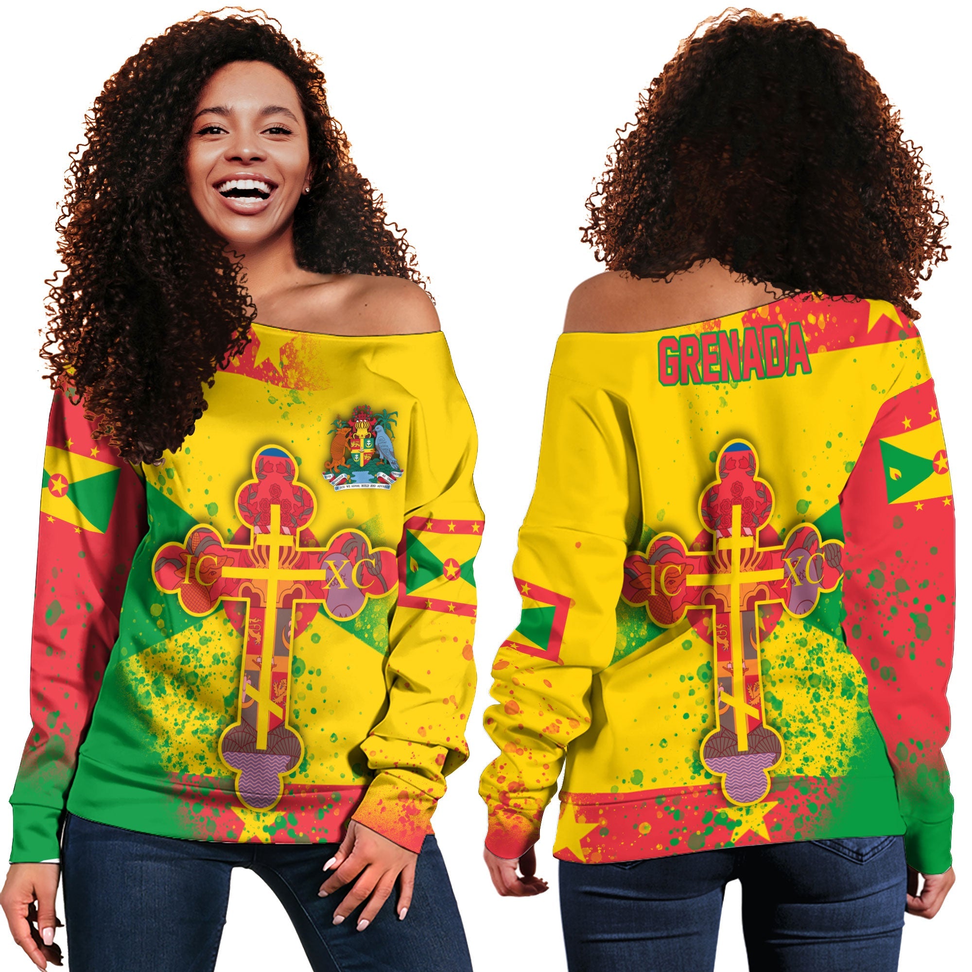 Grenada Women Off Shoulder Sweatshirt Flag & Coat Of Arms Orthodox Style