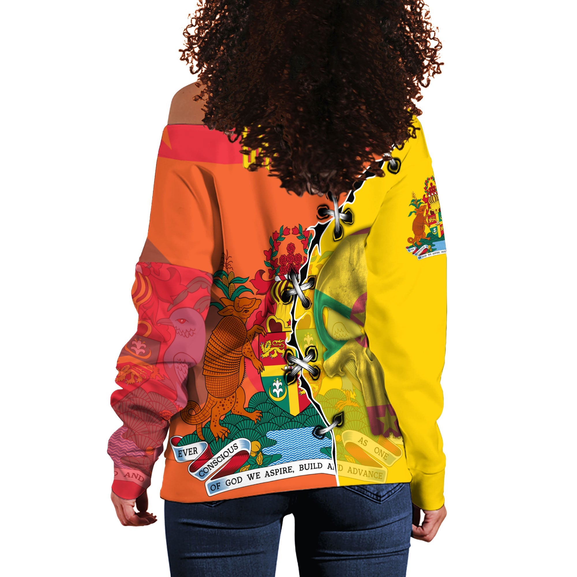 Grenada Women Off Shoulder Sweatshirt Flag & Coat Of Arms Skull Style