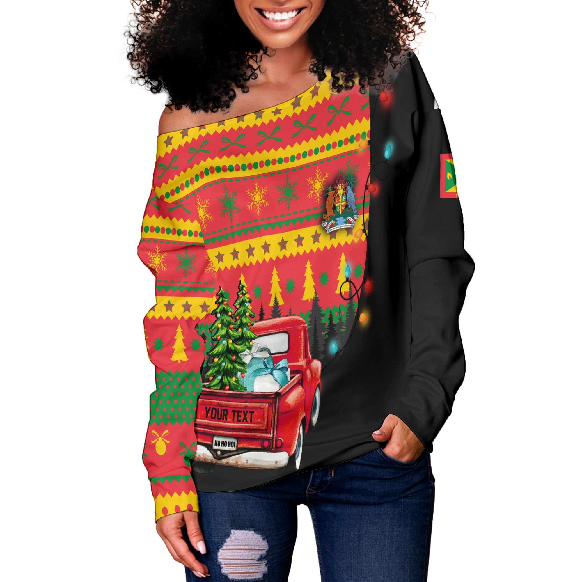 Grenada Women Off Shoulder Sweatshirt Coat Of Arms Christmas Style