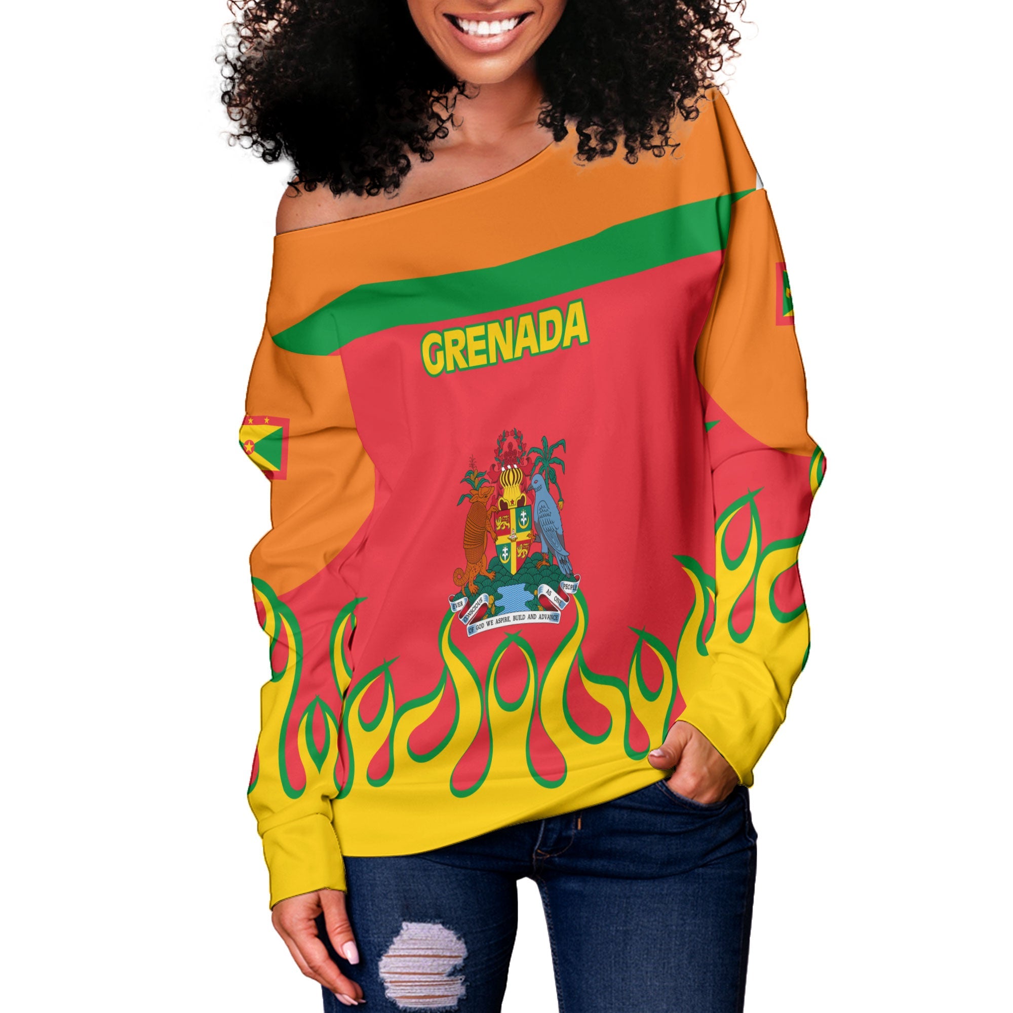 Grenada Women Off Shoulder Sweatshirt Flag & Coat Of Arms Fire Hockey Style