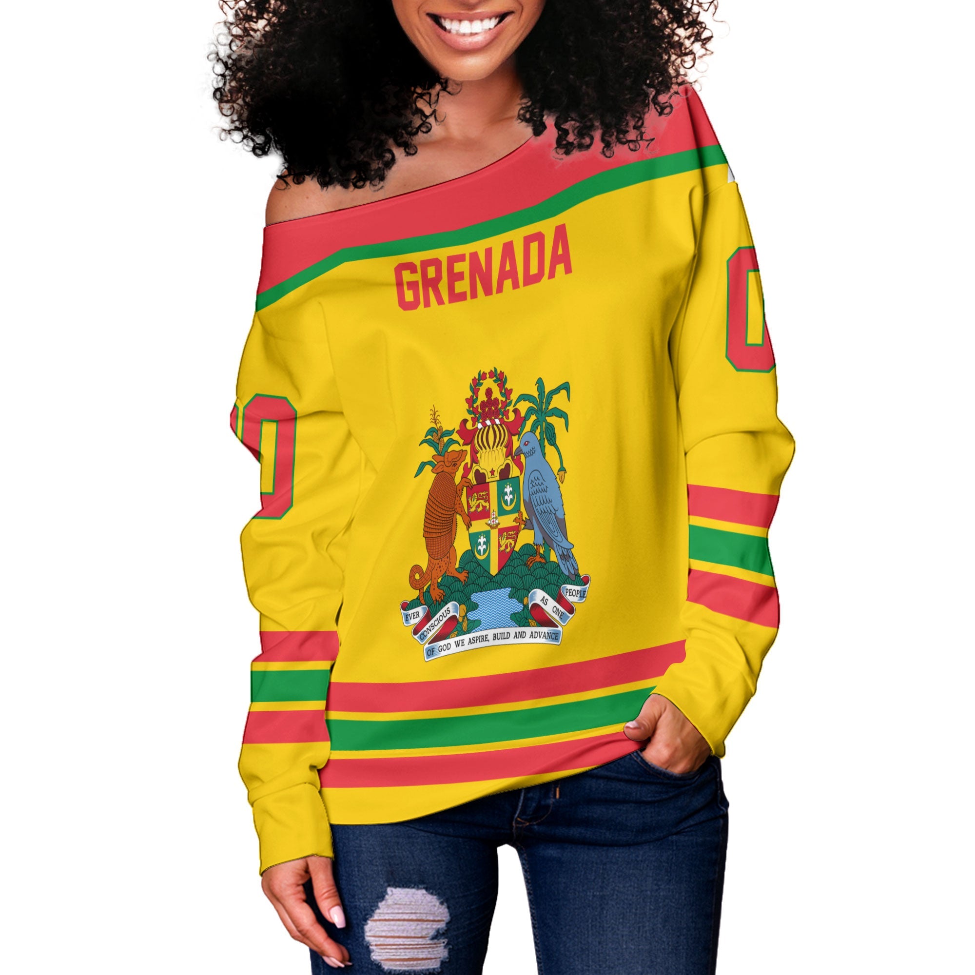 Grenada Women Off Shoulder Sweatshirt Flag & Coat Of Arms Hockey Style