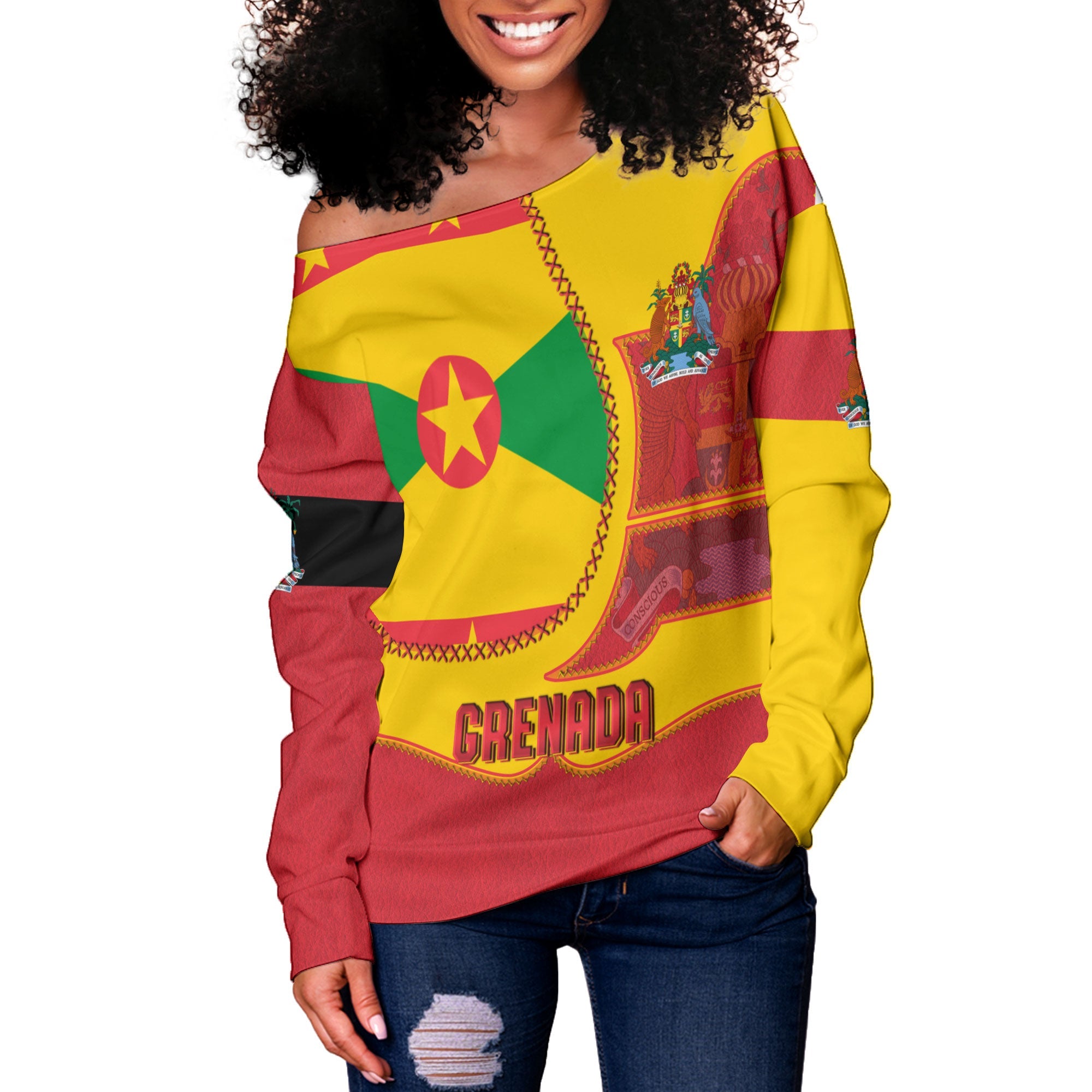 Grenada Women Off Shoulder Sweatshirt Flag & Coat Of Arms Leather Style