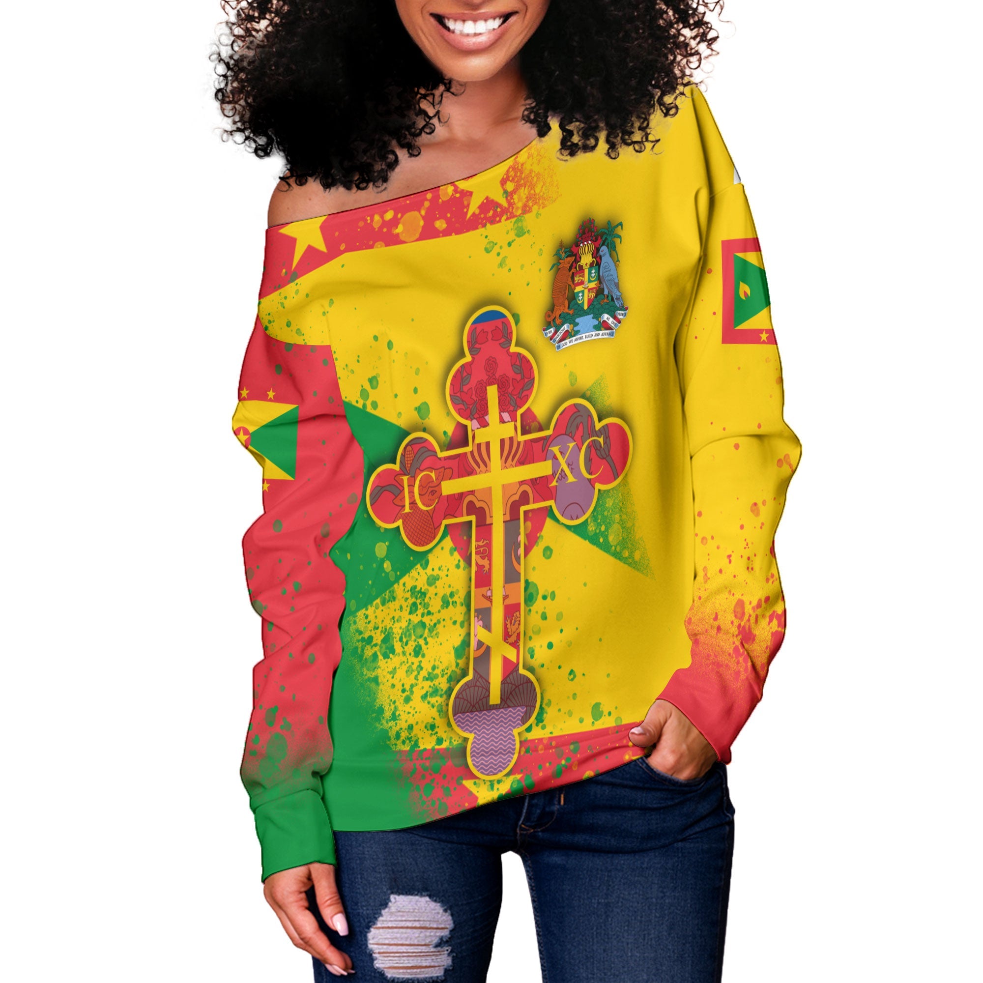 Grenada Women Off Shoulder Sweatshirt Flag & Coat Of Arms Orthodox Style