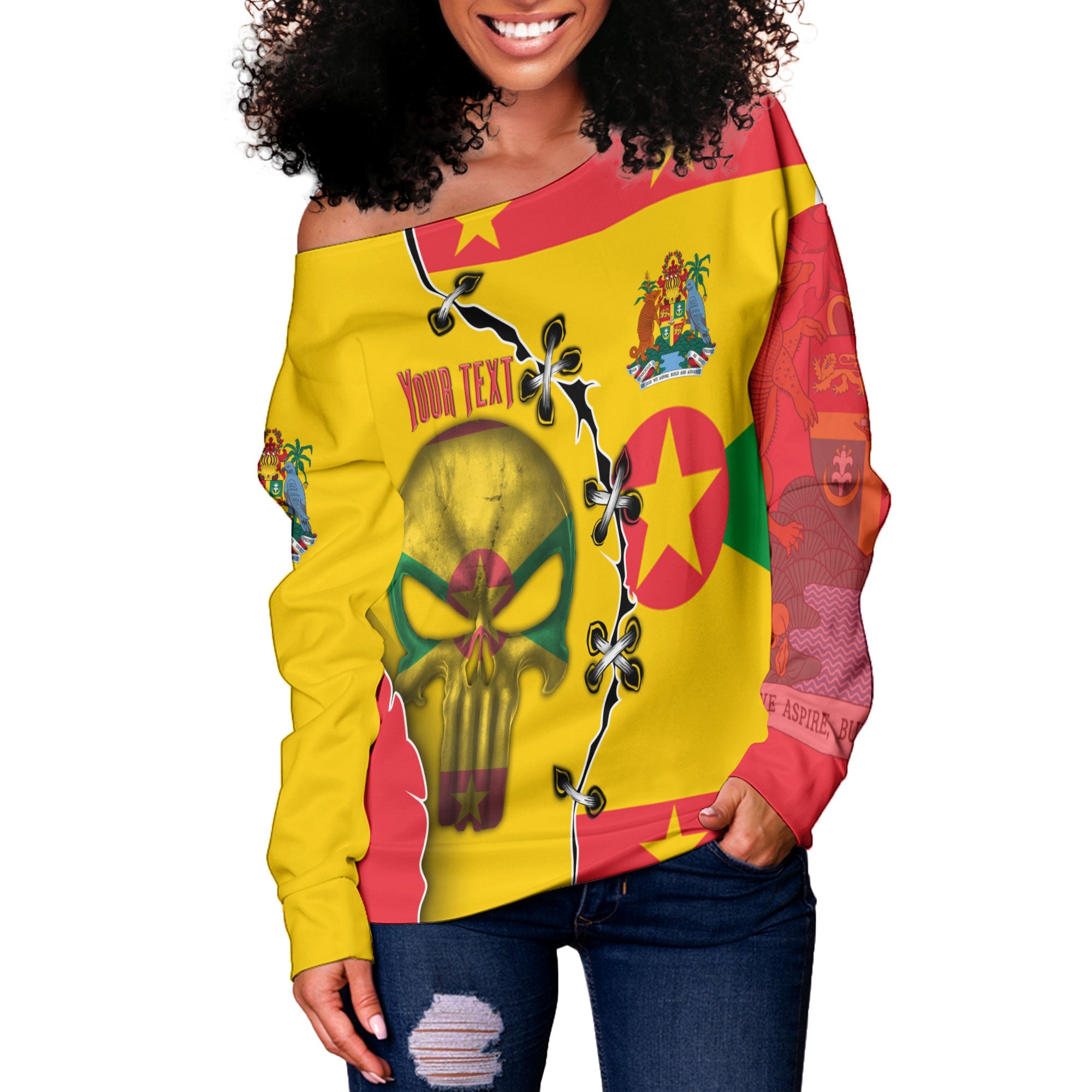 Grenada Women Off Shoulder Sweatshirt Flag & Coat Of Arms Skull Style