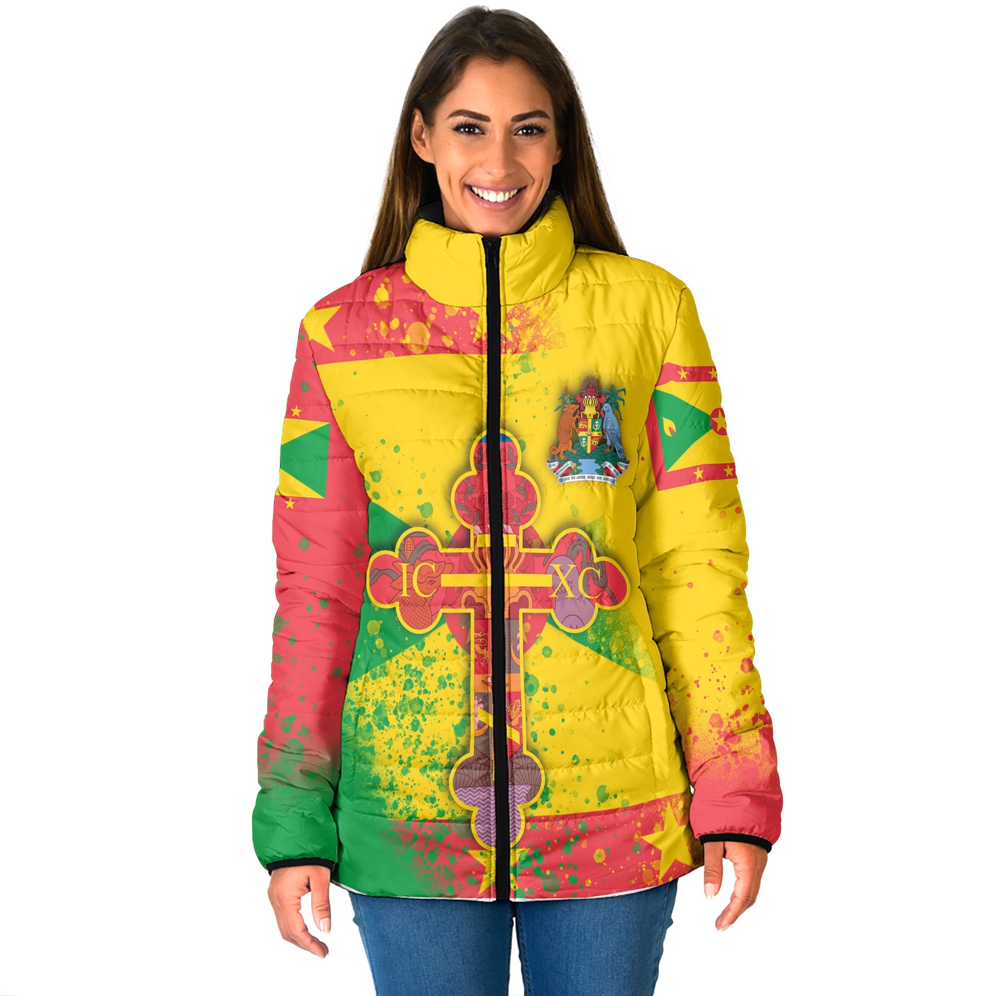 Grenada Women Padded Jacket Flag & Coat Of Arms Orthodox Style