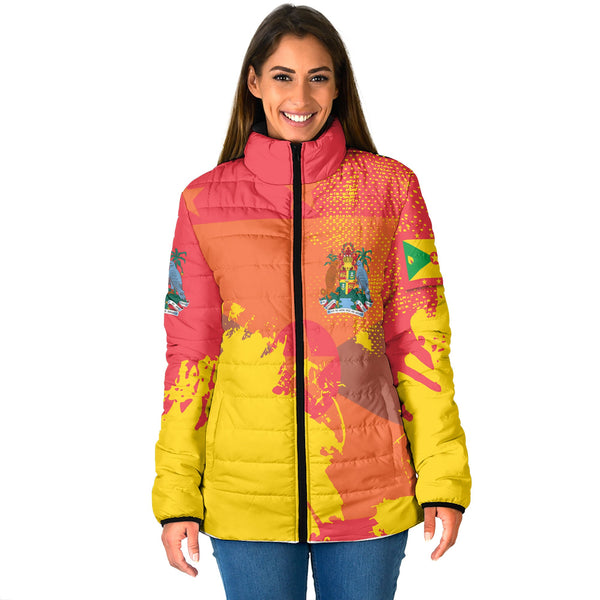 Grenada Women Padded Jacket Flag & Coat Of Arms Paint Style