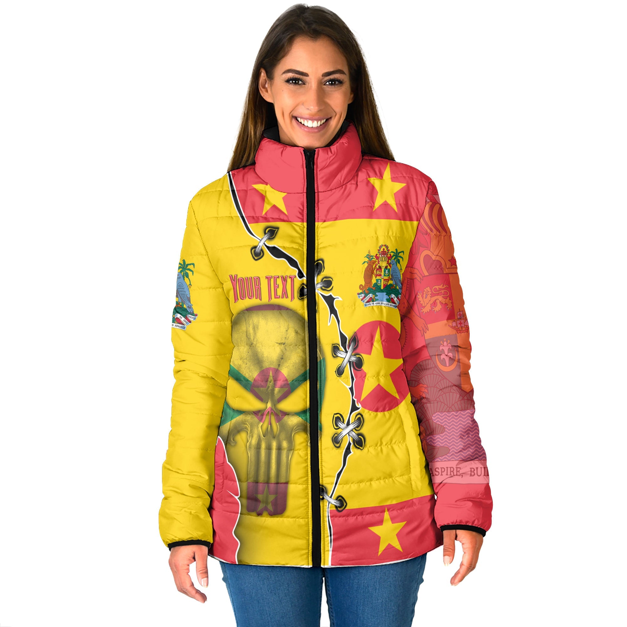 Grenada Women Padded Jacket Flag & Coat Of Arms Skull Style