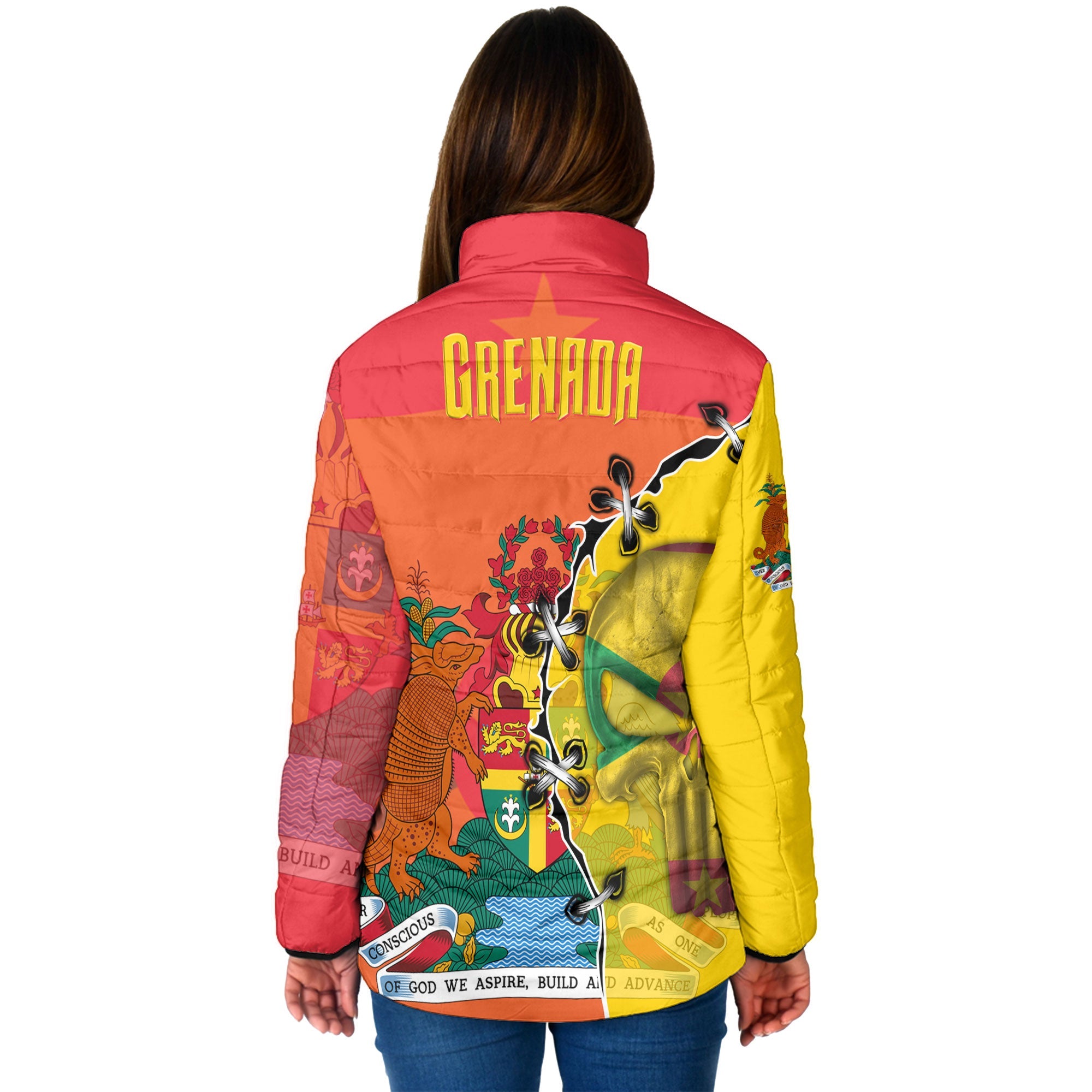 Grenada Women Padded Jacket Flag & Coat Of Arms Skull Style