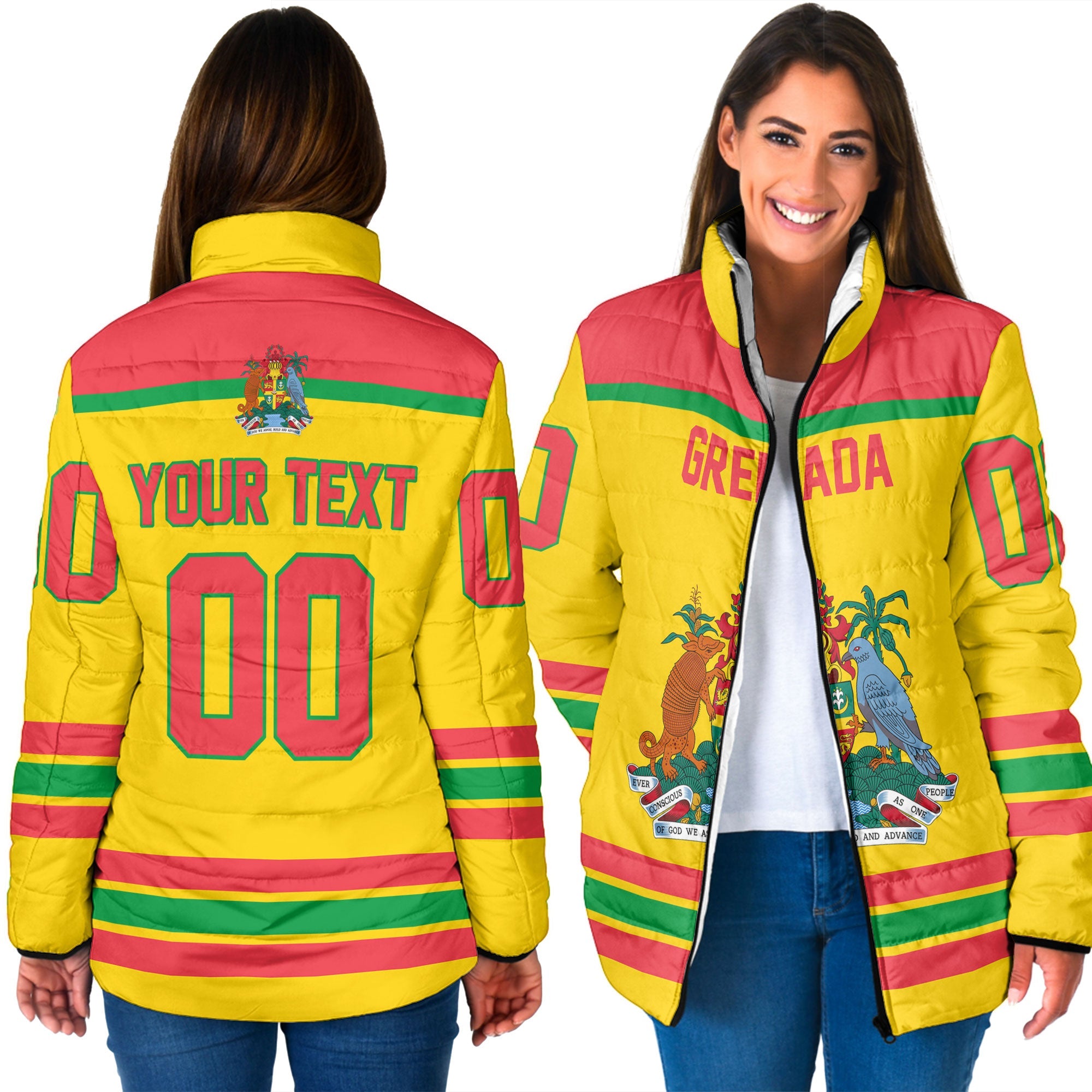 Grenada Women Padded Jacket Flag & Coat Of Arms Hockey Style