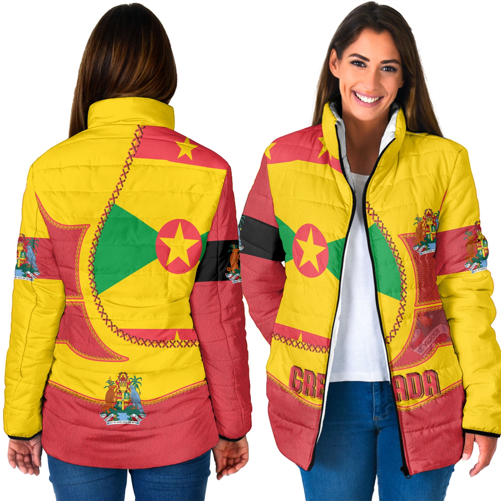 Grenada Women Padded Jacket Flag & Coat Of Arms Leather Style