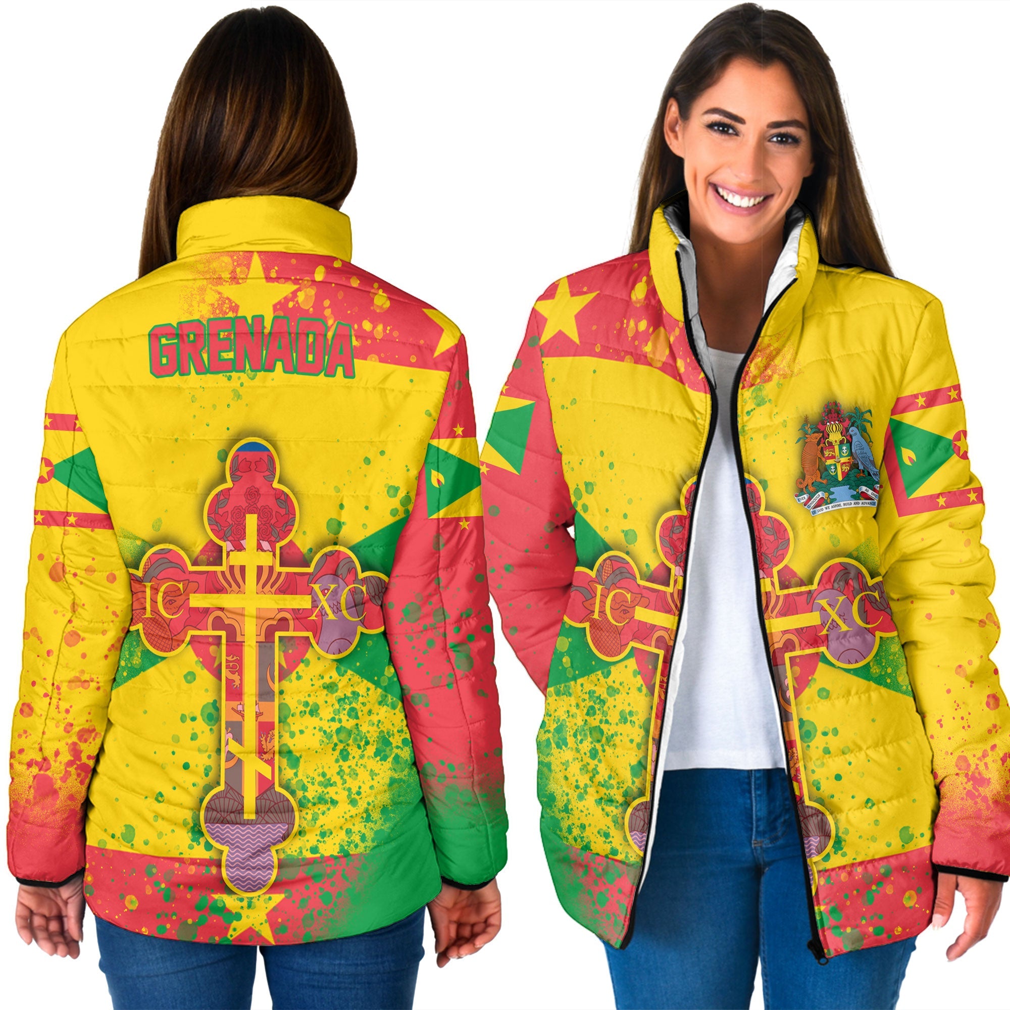 Grenada Women Padded Jacket Flag & Coat Of Arms Orthodox Style