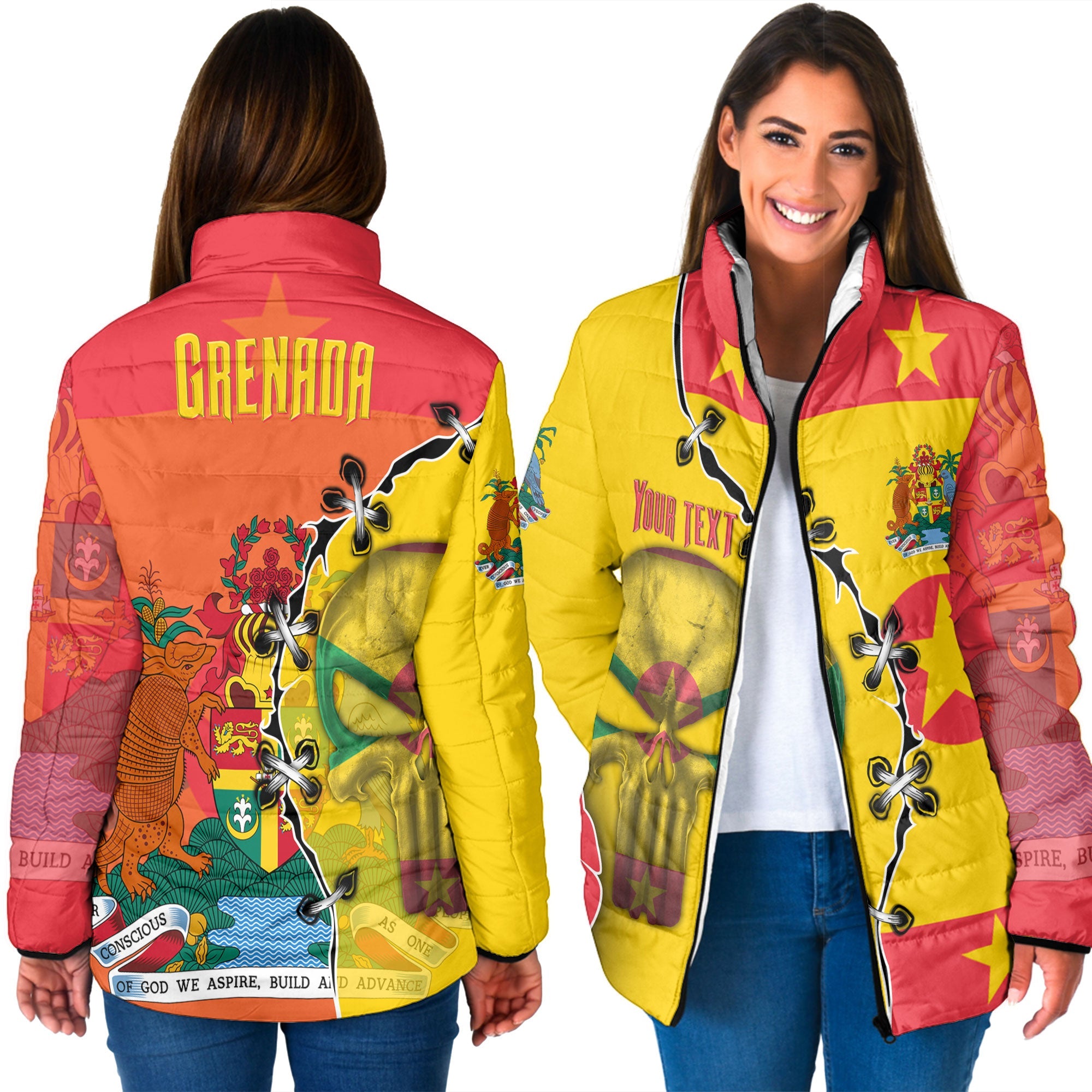 Grenada Women Padded Jacket Flag & Coat Of Arms Skull Style