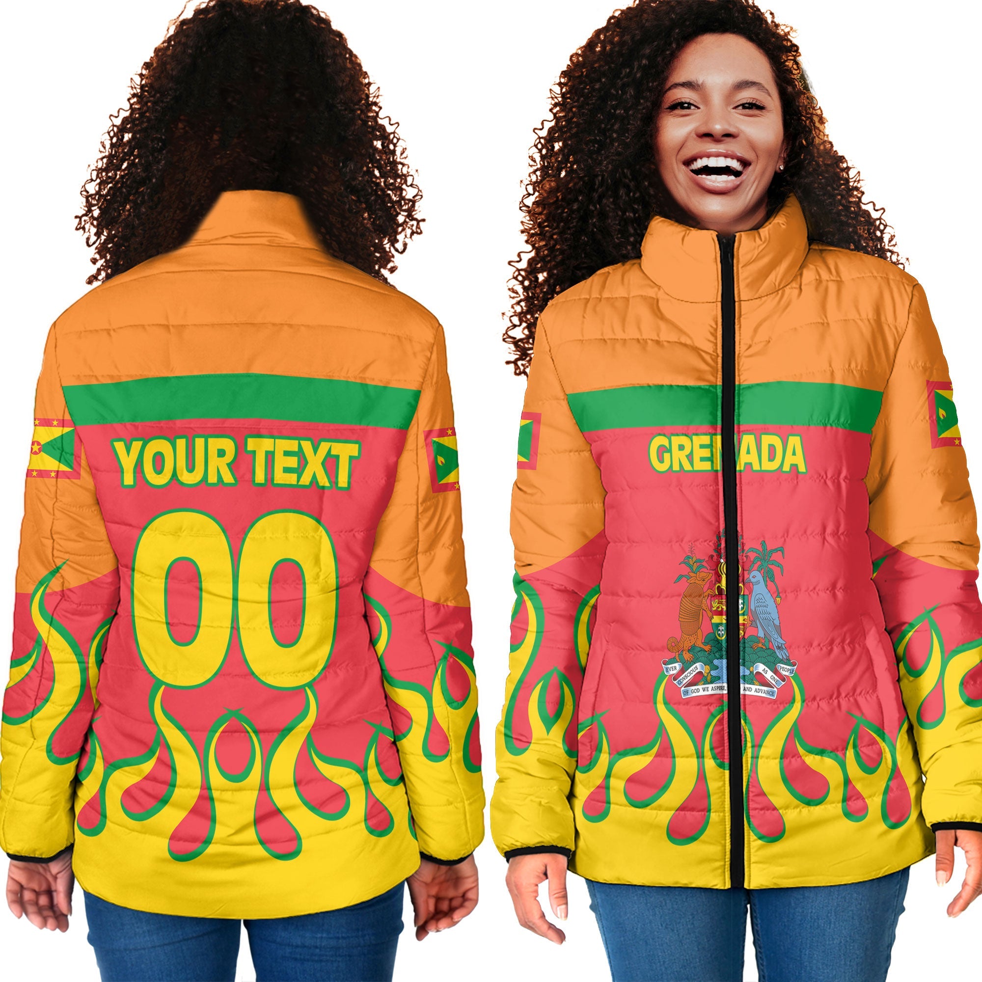 Grenada Women Padded Jacket Flag & Coat Of Arms Fire Hockey Style