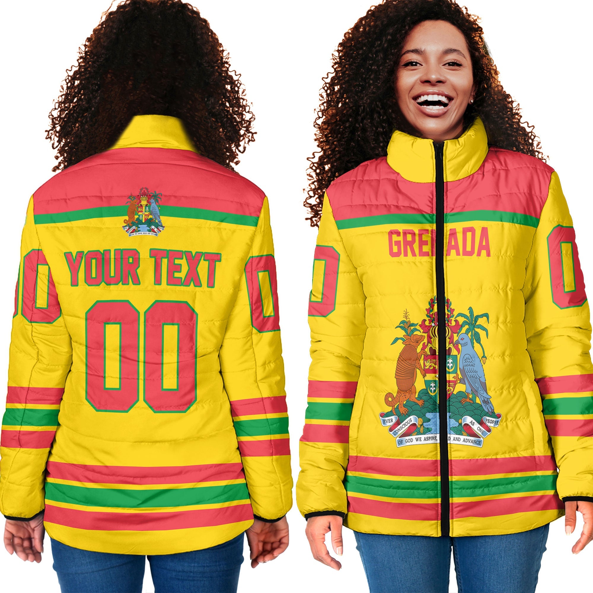 Grenada Women Padded Jacket Flag & Coat Of Arms Hockey Style