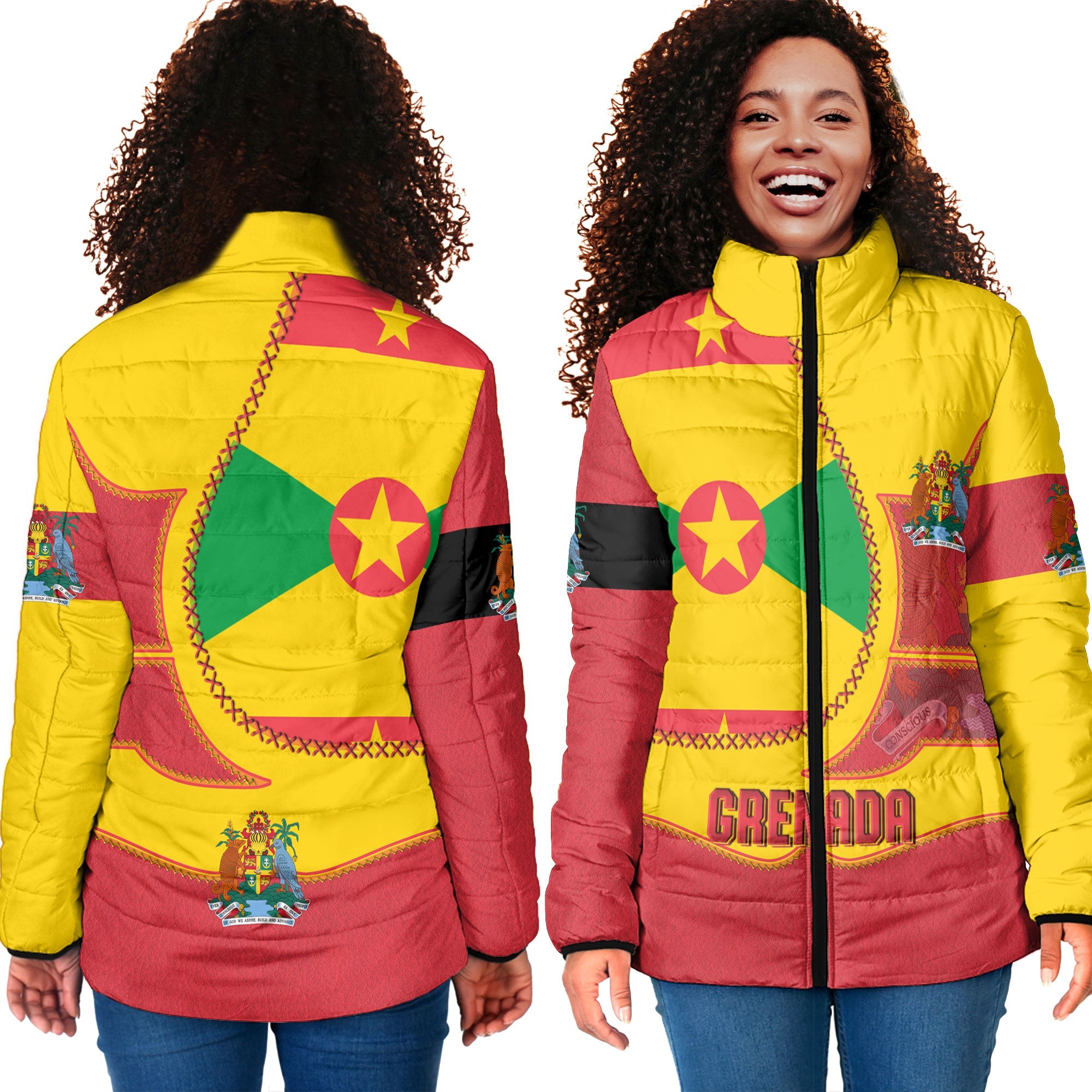 Grenada Women Padded Jacket Flag & Coat Of Arms Leather Style