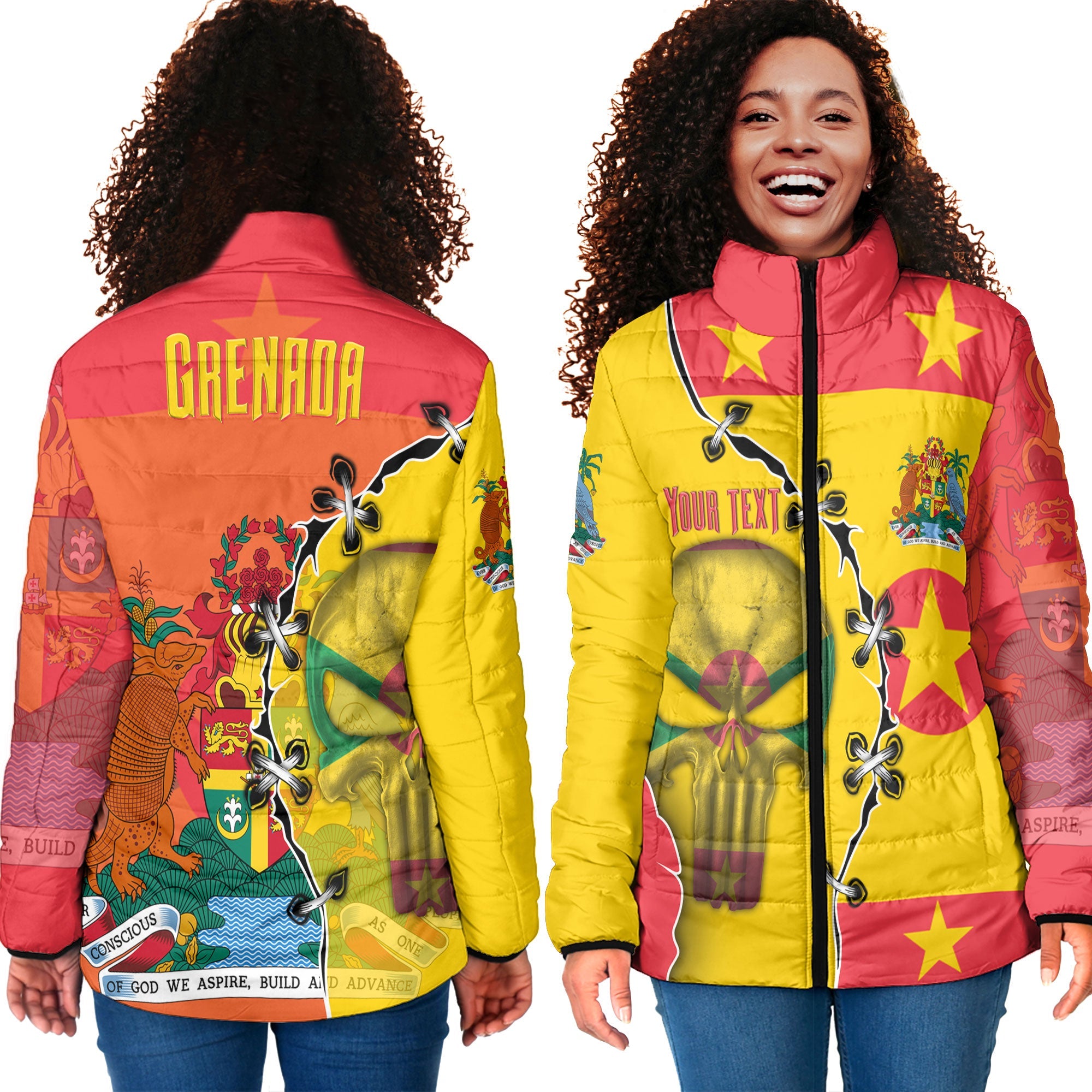 Grenada Women Padded Jacket Flag & Coat Of Arms Skull Style