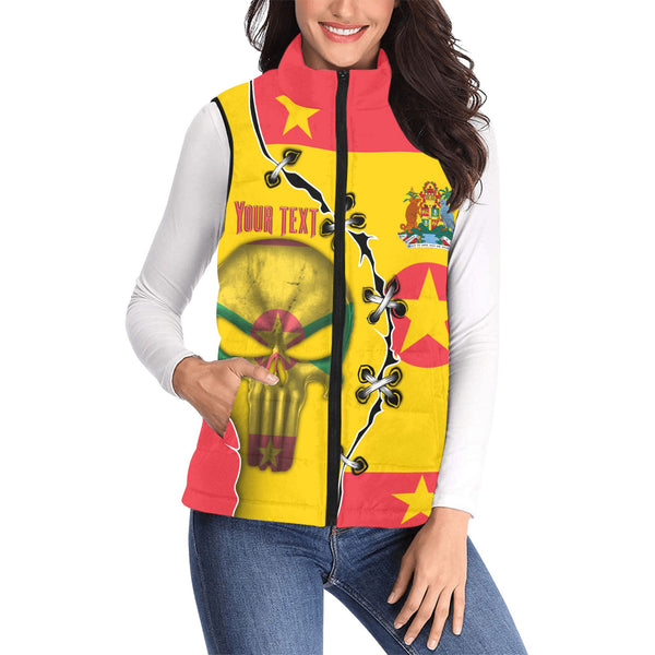 Grenada Women Padded Jacket Vest Flag & Coat Of Arms Skull Style