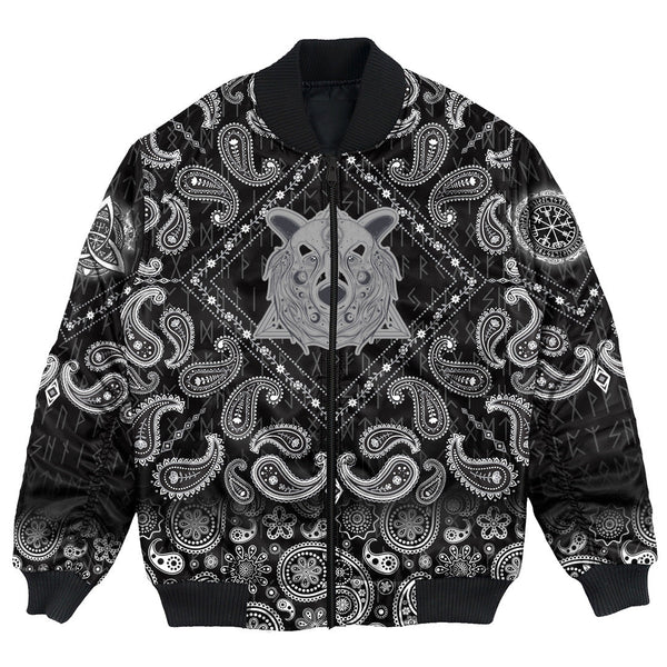 Viking Bomber Jacket Grizzly Bear Head With Ancient Pagan Valknut with Bandana Paisley Style