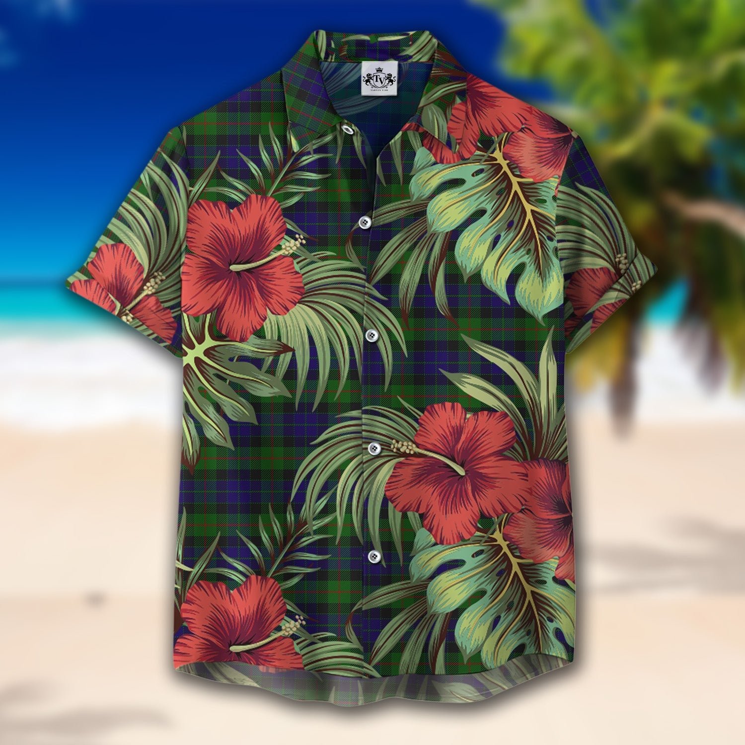 Scottish Tartan Gunn Clan Hawaiian Shirt Hibiscus - Tropical Garden Style