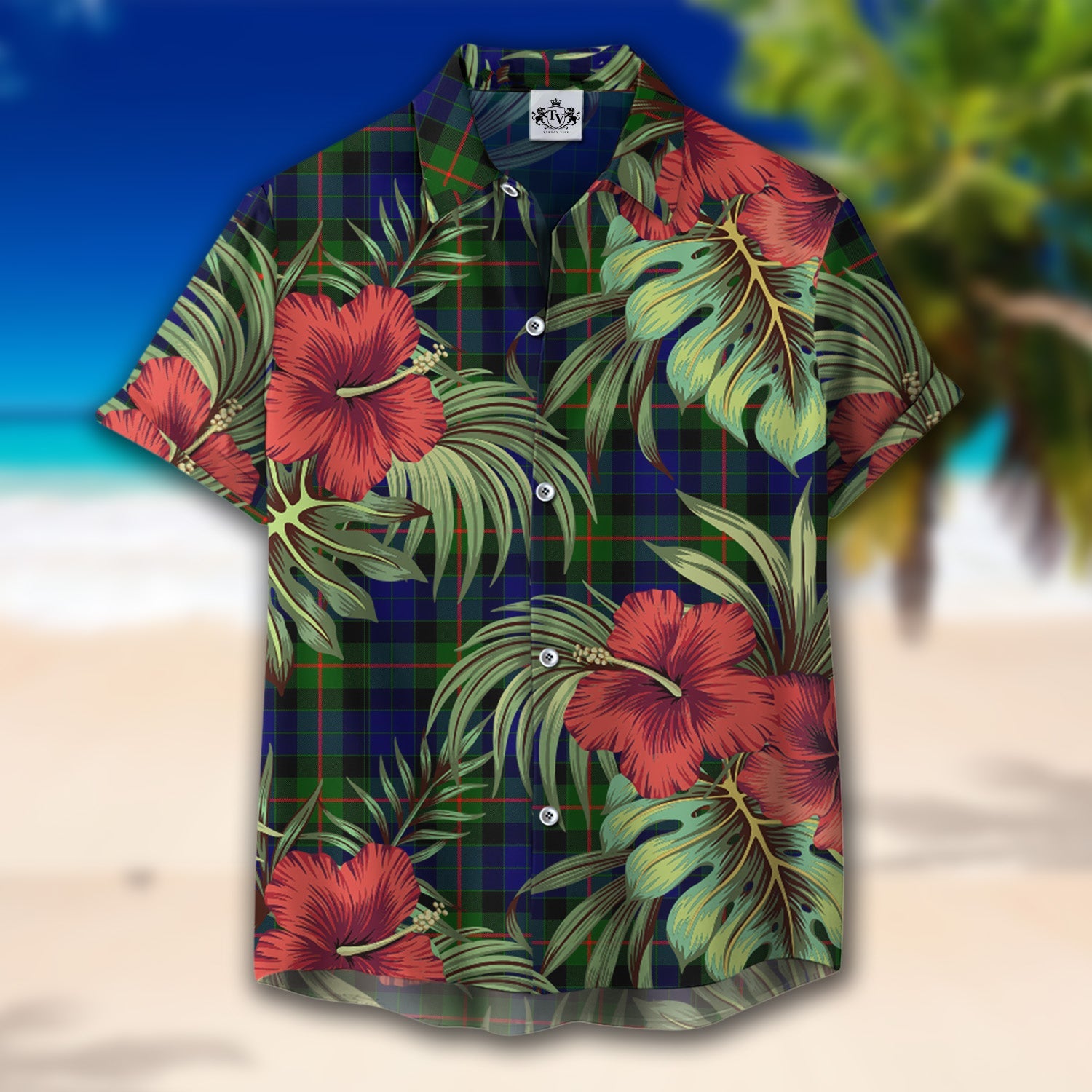 Scottish Tartan Gunn Modern Clan Hawaiian Shirt Hibiscus - Tropical Garden Style