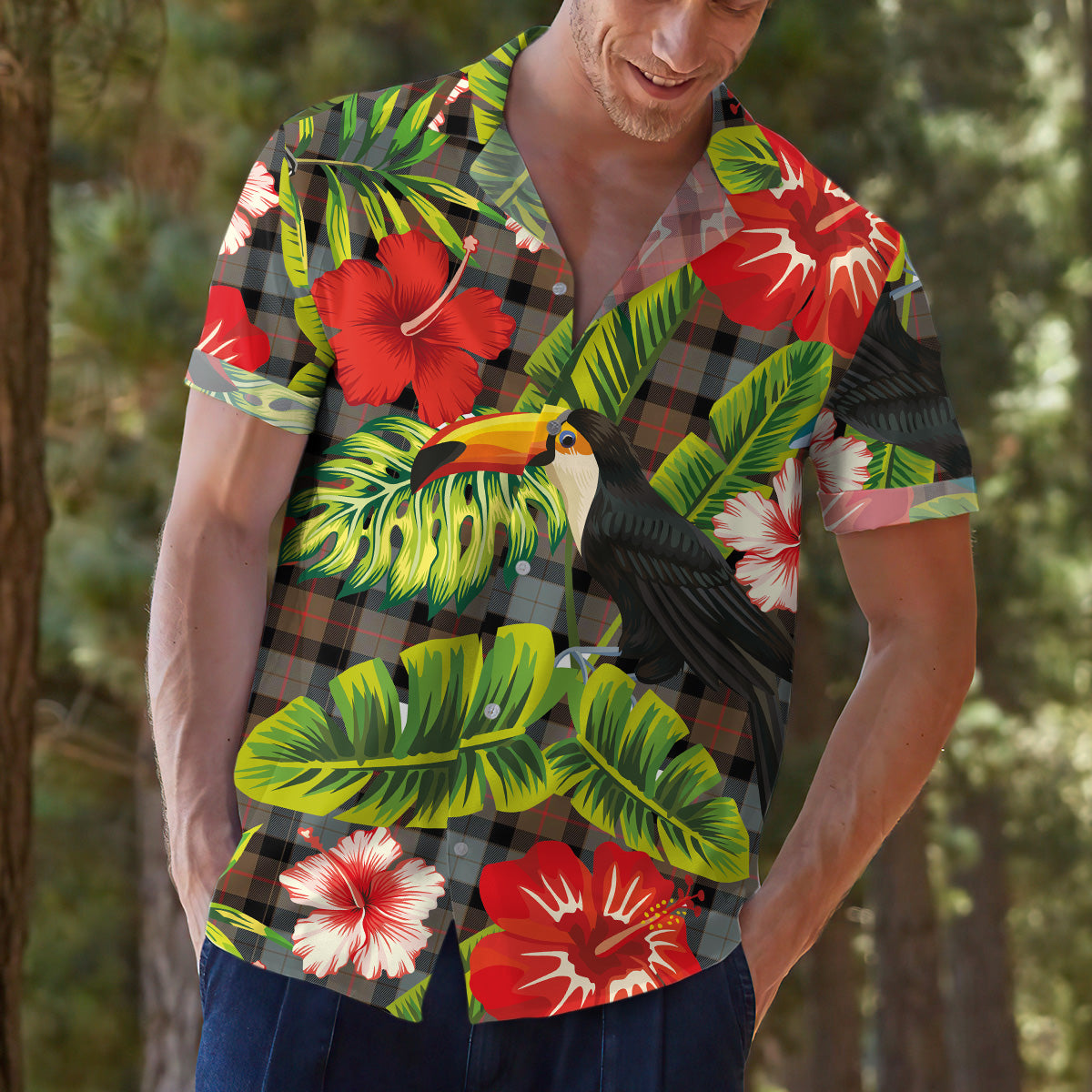 Scottish Tartan Gunn Weathered Clan Hawaiian Shirt Hibiscus - Tropical Garden Style