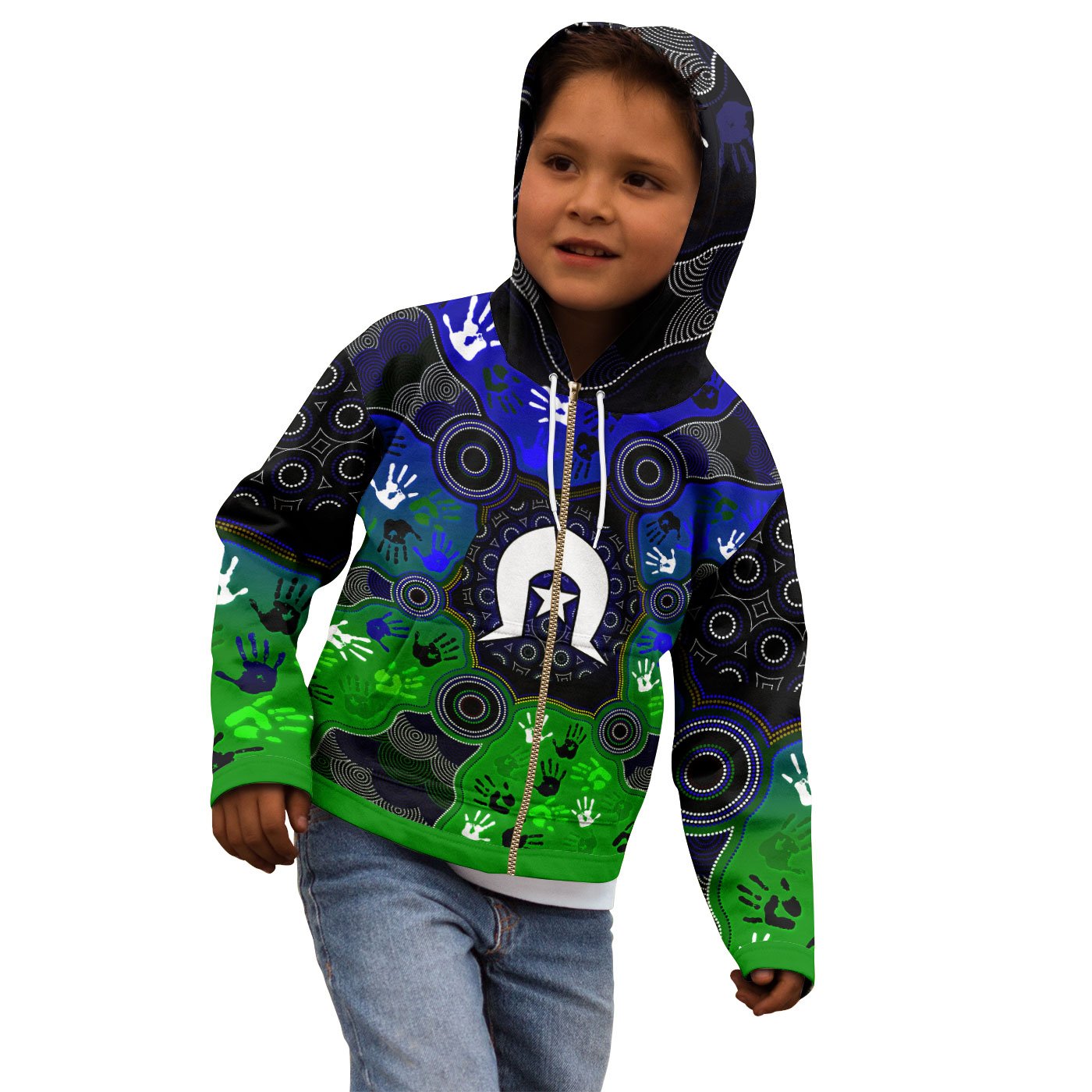 Aboriginal Kid Zip Hoodie - Torres Strait Symbol With Indigenous Patterns