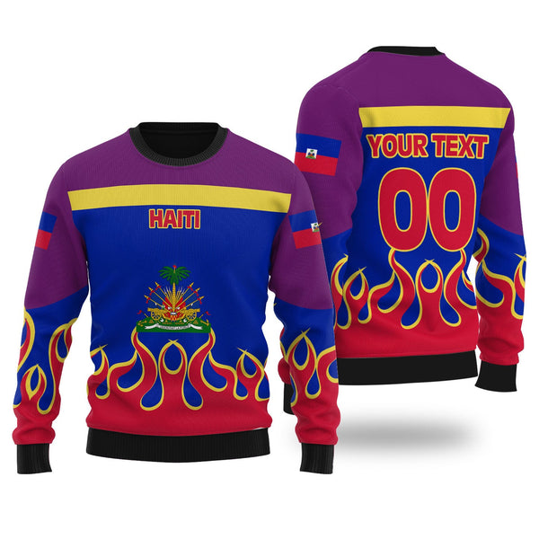 Haiti Ugly Sweater Flag & Coat Of Arms Fire Hockey Style