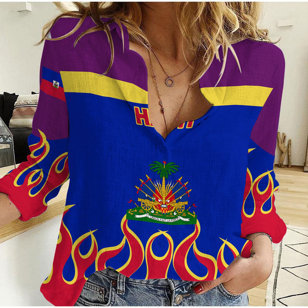 Haiti Women Casual Shirt Flag & Coat Of Arms Fire Hockey Style