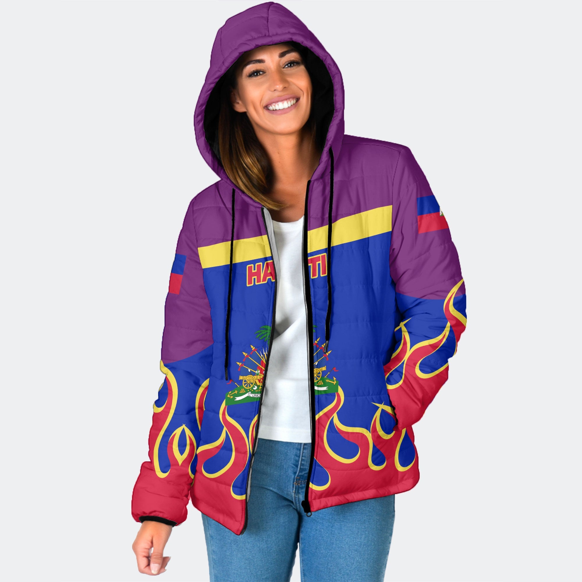 Haiti Women Hooded Padded Jacket Flag & Coat Of Arms Fire Hockey Style