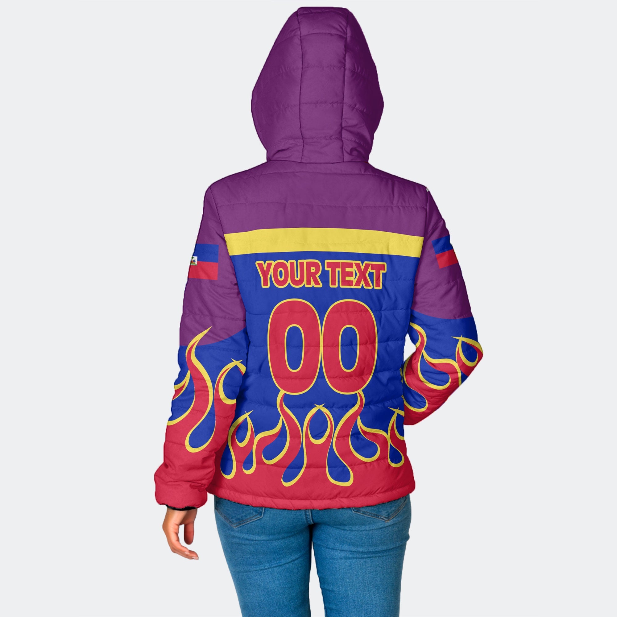 Haiti Women Hooded Padded Jacket Flag & Coat Of Arms Fire Hockey Style