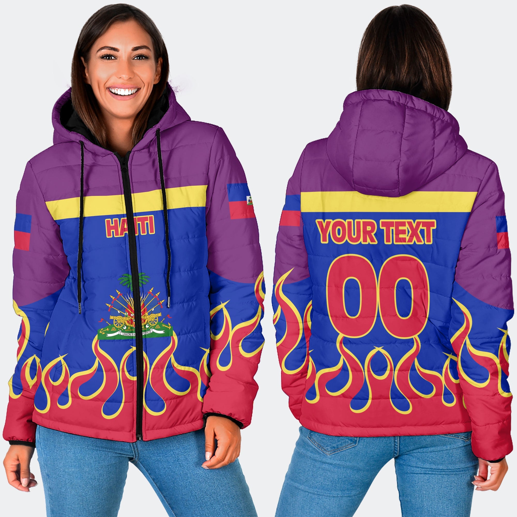 Haiti Women Hooded Padded Jacket Flag & Coat Of Arms Fire Hockey Style