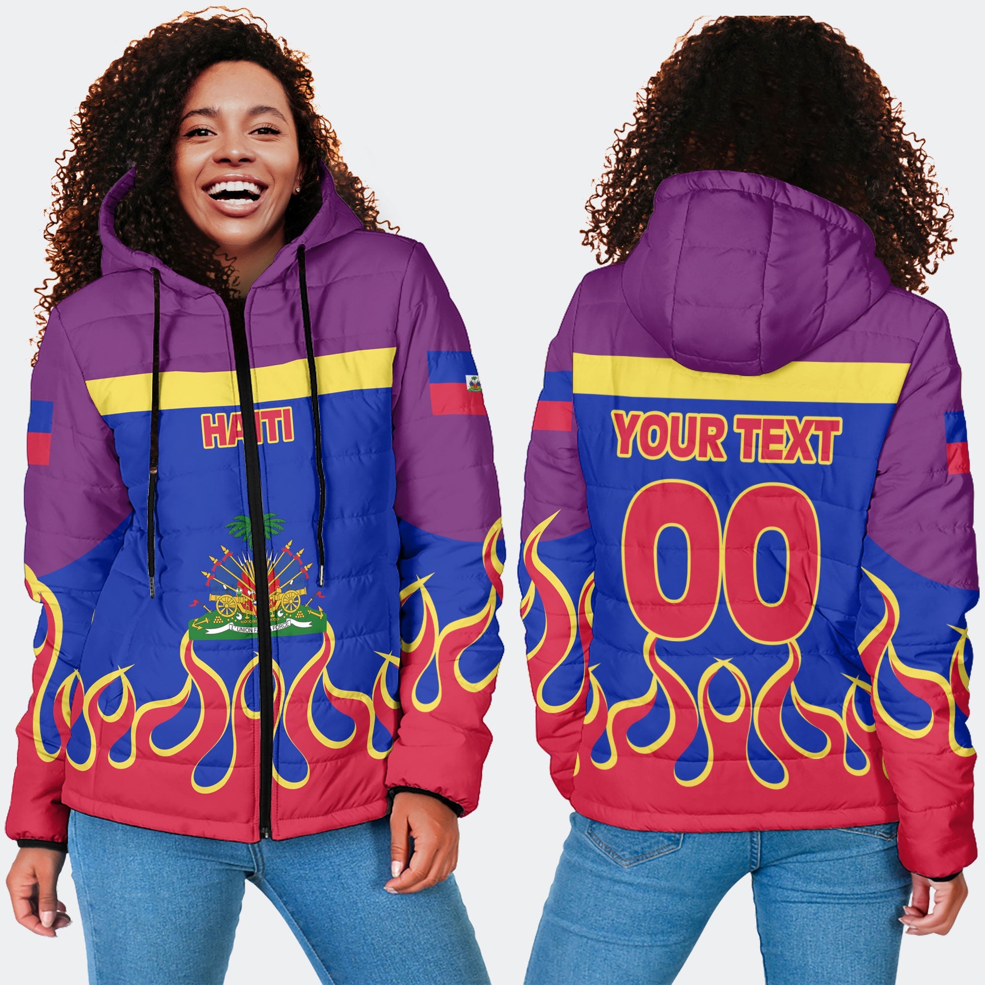 Haiti Women Hooded Padded Jacket Flag & Coat Of Arms Fire Hockey Style