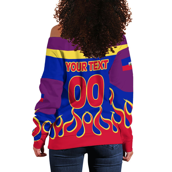 Haiti Women Off Shoulder Sweatshirt Flag & Coat Of Arms Fire Hockey Style