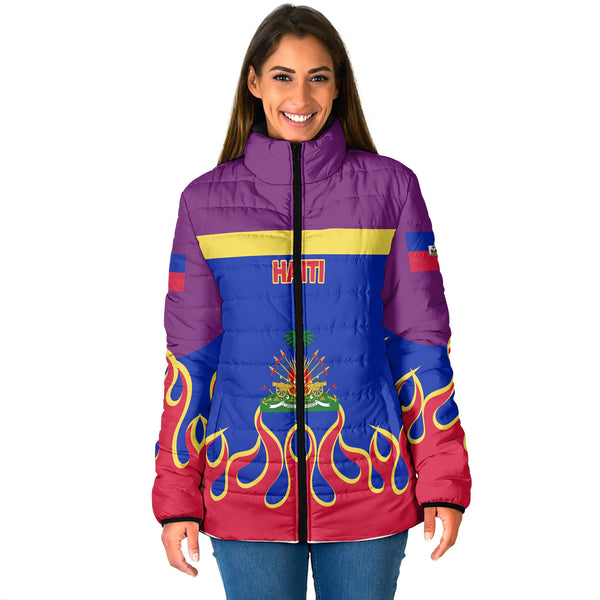 Haiti Women Padded Jacket Flag & Coat Of Arms Fire Hockey Style