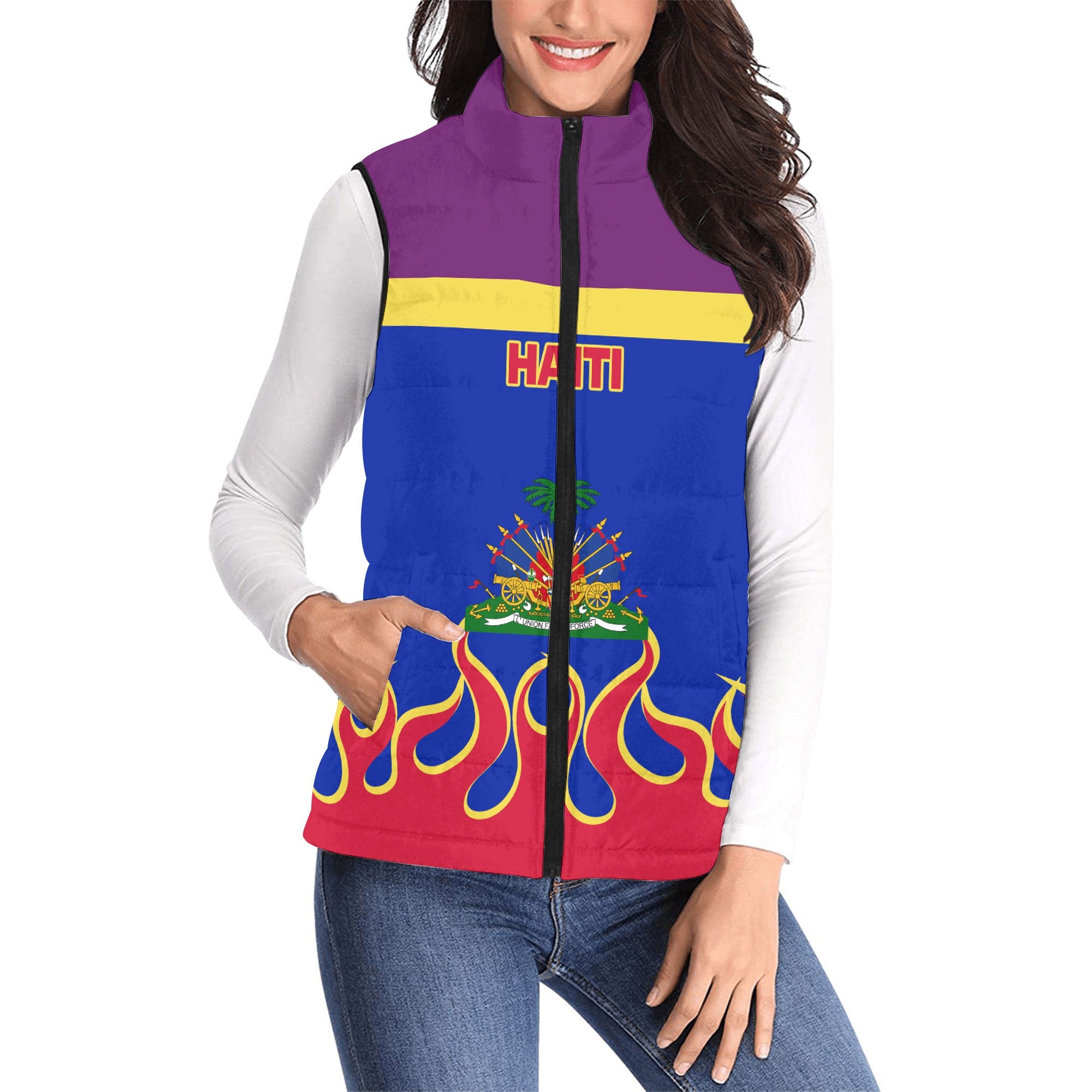 Haiti Women Padded Jacket Vest Flag & Coat Of Arms Fire Hockey Style