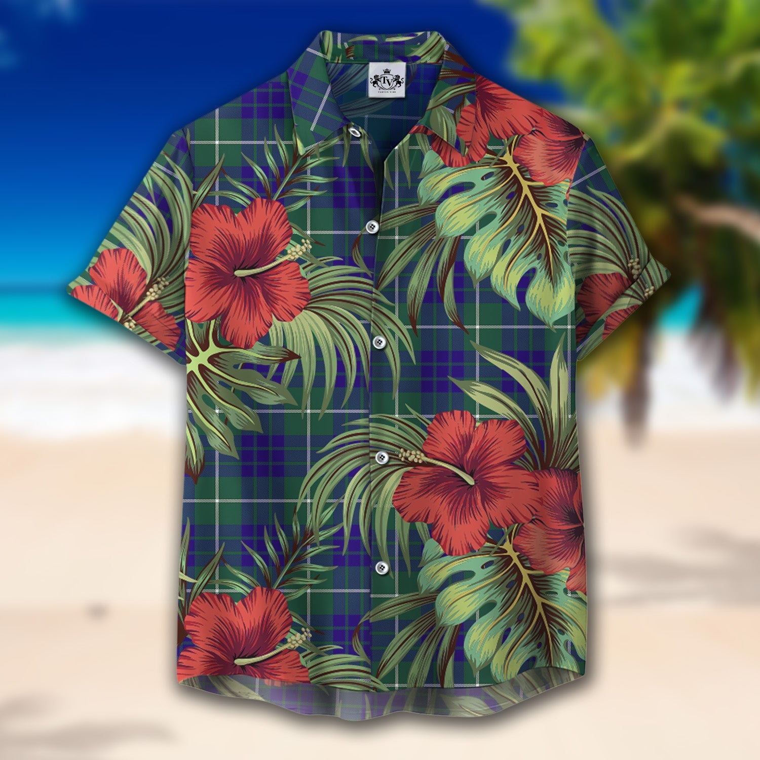 Scottish Tartan Hamilton Hunting Modern Clan Hawaiian Shirt Hibiscus - Tropical Garden Style