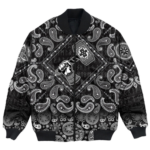 Viking Bomber Jacket Hand Holding The Hammer Of God Thor with Bandana Paisley Style