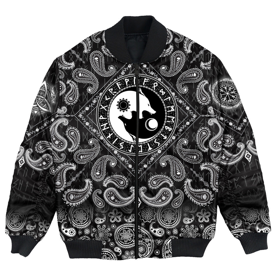 Viking Bomber Jacket Hati and Skoll Sun And Moon with Bandana Paisley Style