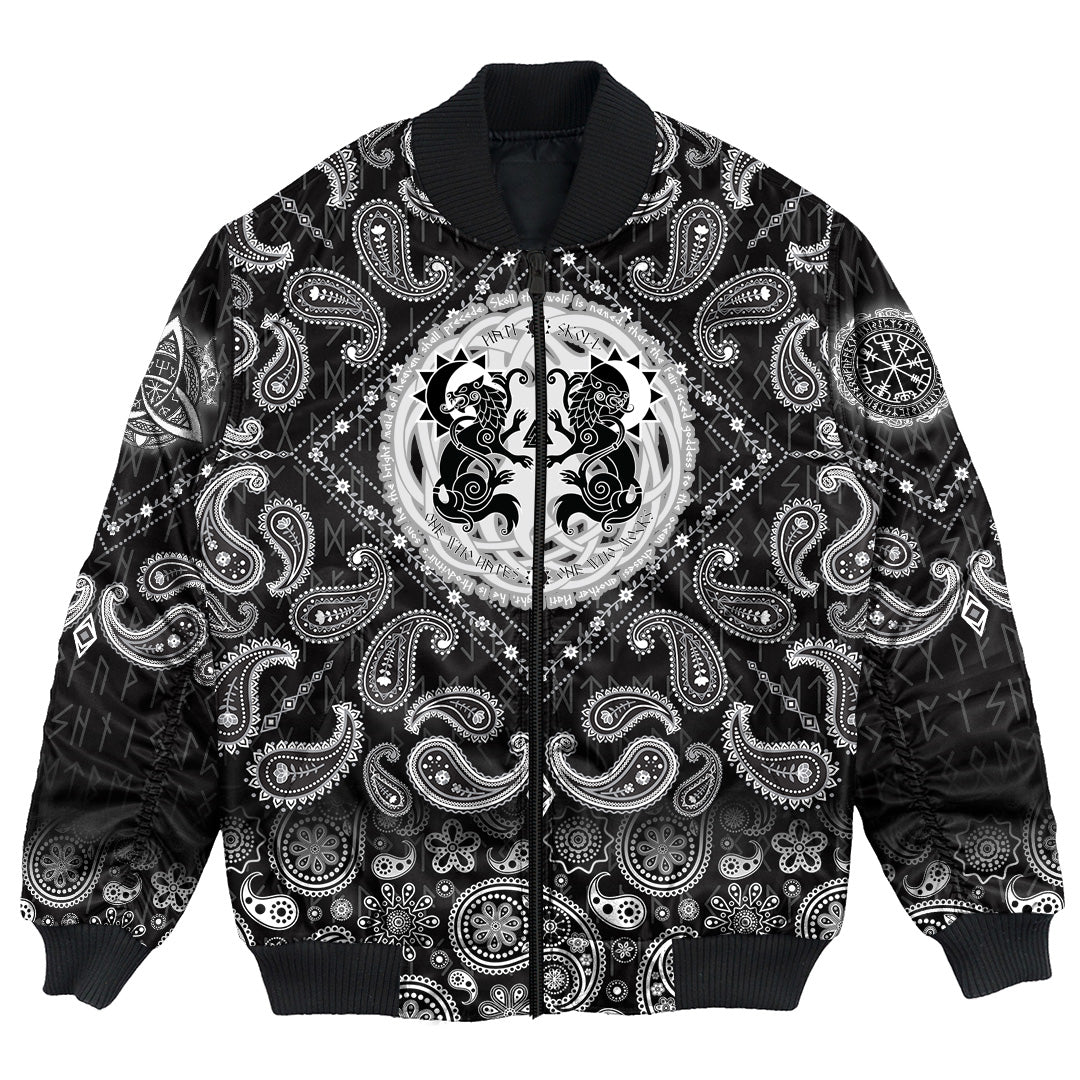 Viking Bomber Jacket Hati and Skoll Runes with Bandana Paisley Style