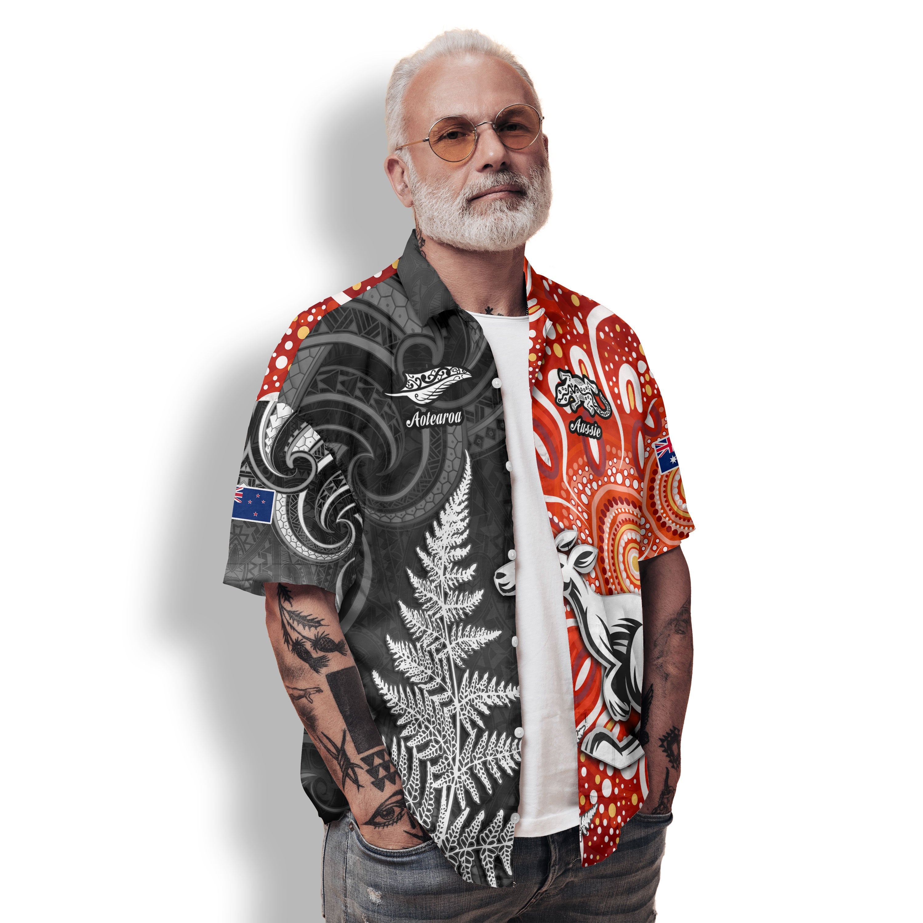 Custom New Zealand Rugby Hawaiian Shirt Aotearoa Silver Fern & Aussie Kangaroo Maori & Aboriginal - LH1