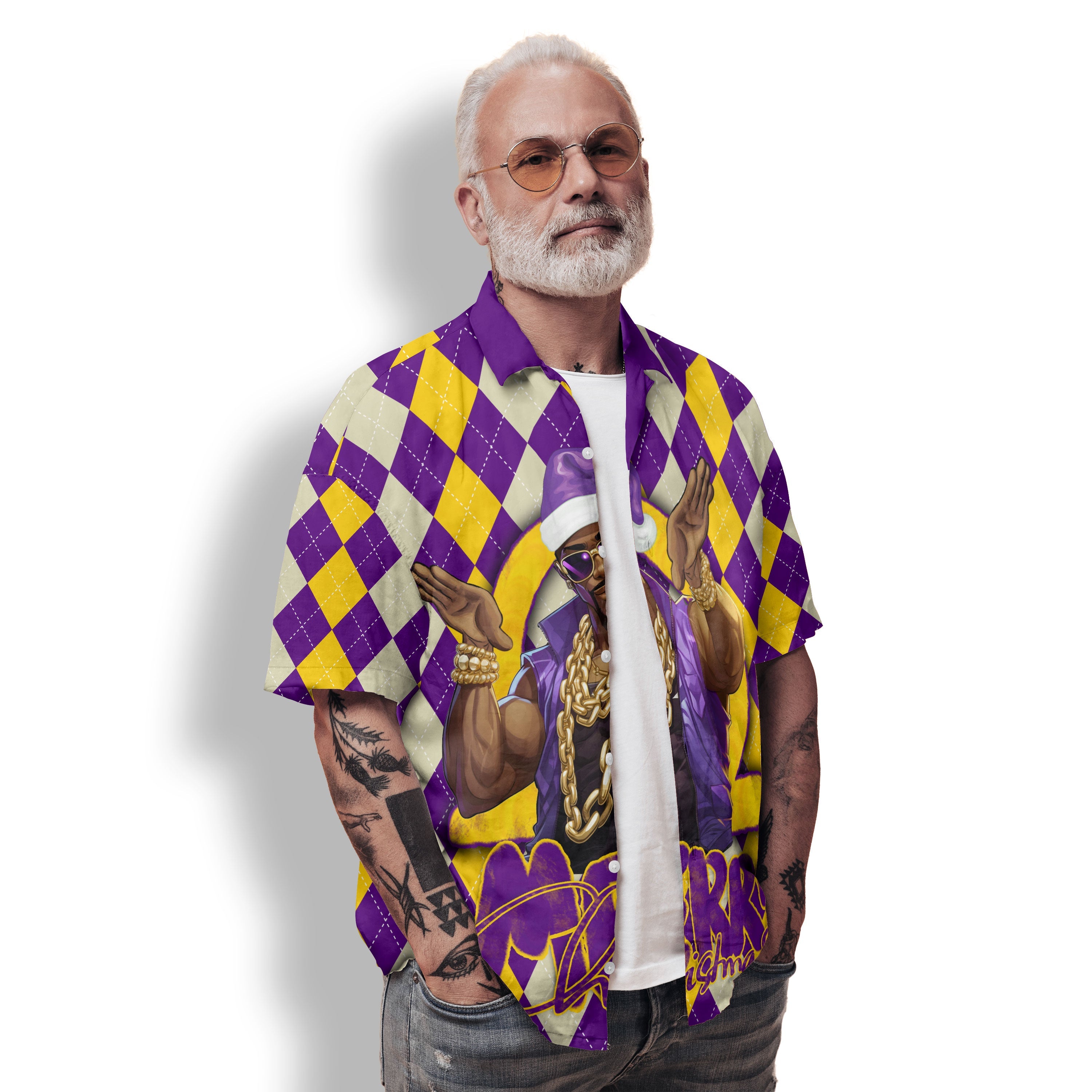 Fraternity Hawaiian Shirt - OPP Christmas Hawaiian Shirt Bulldog Purple Gold Caro Pattern Style