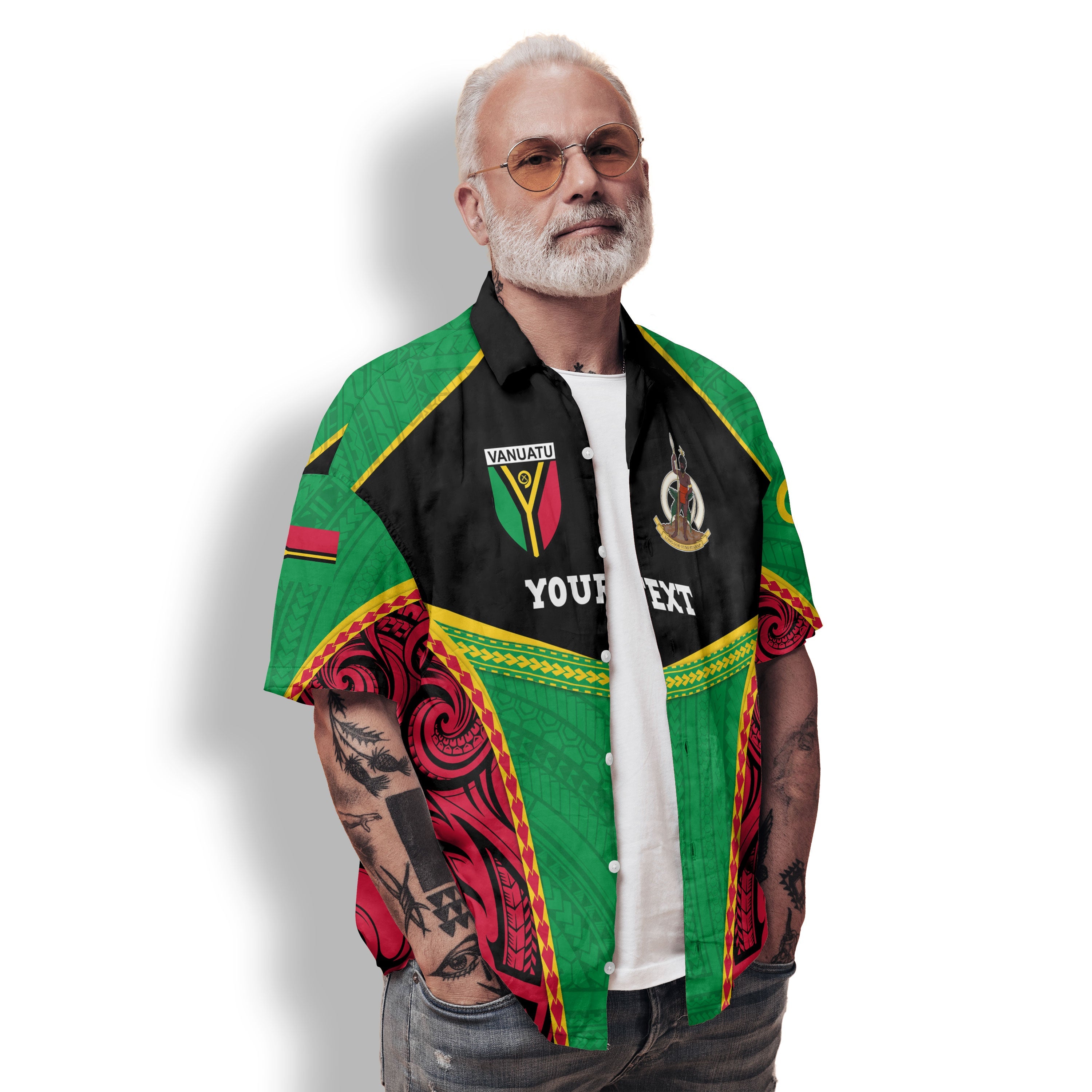 Custom Vanuatu Flag & Coat Of Arms Hawaiian Shirt Black Style