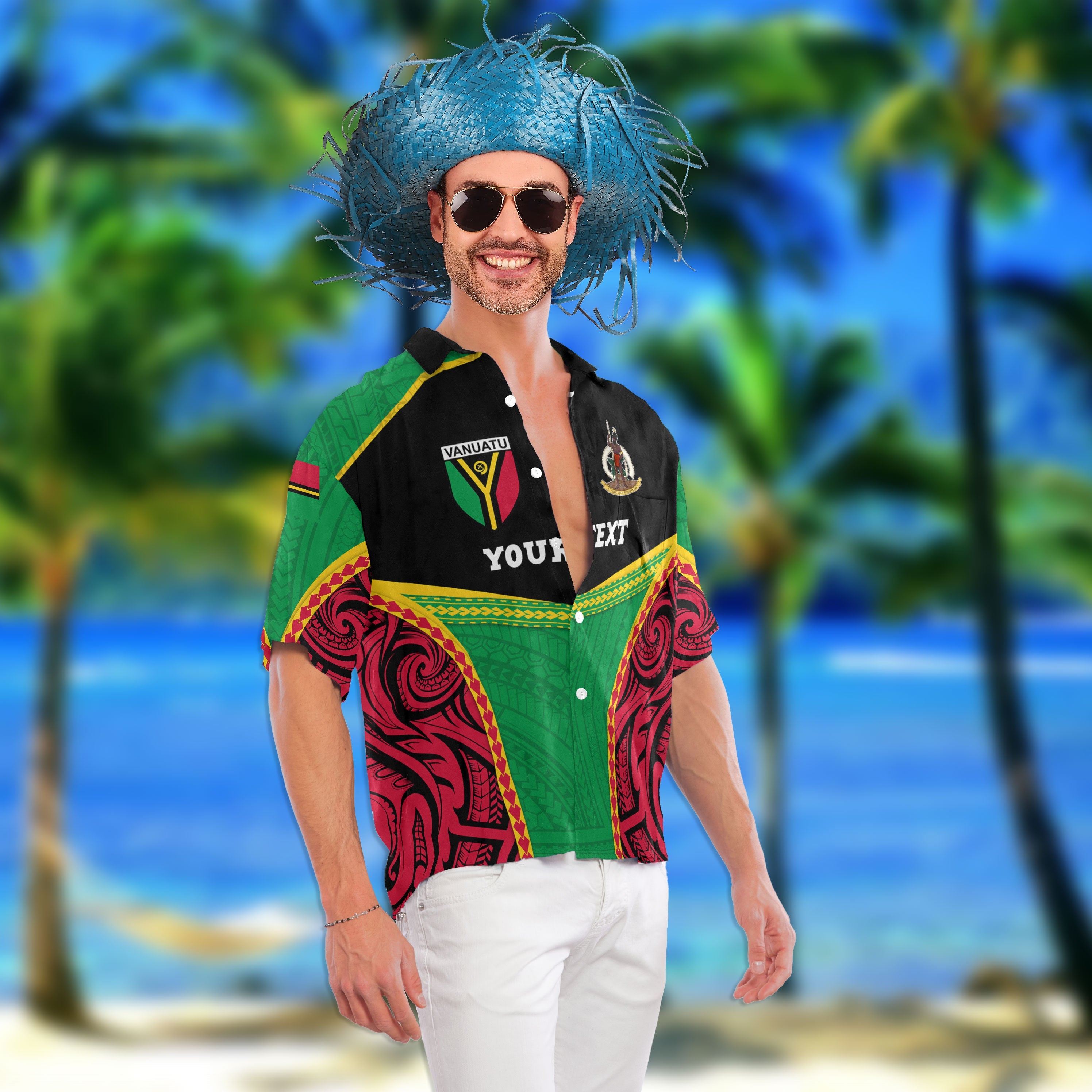 Custom Vanuatu Flag & Coat Of Arms Hawaiian Shirt Black Style