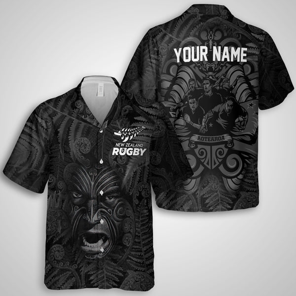 Custom New Zealand Rugby Hawaiian Shirt Silver Fern & Maori Warrior Style