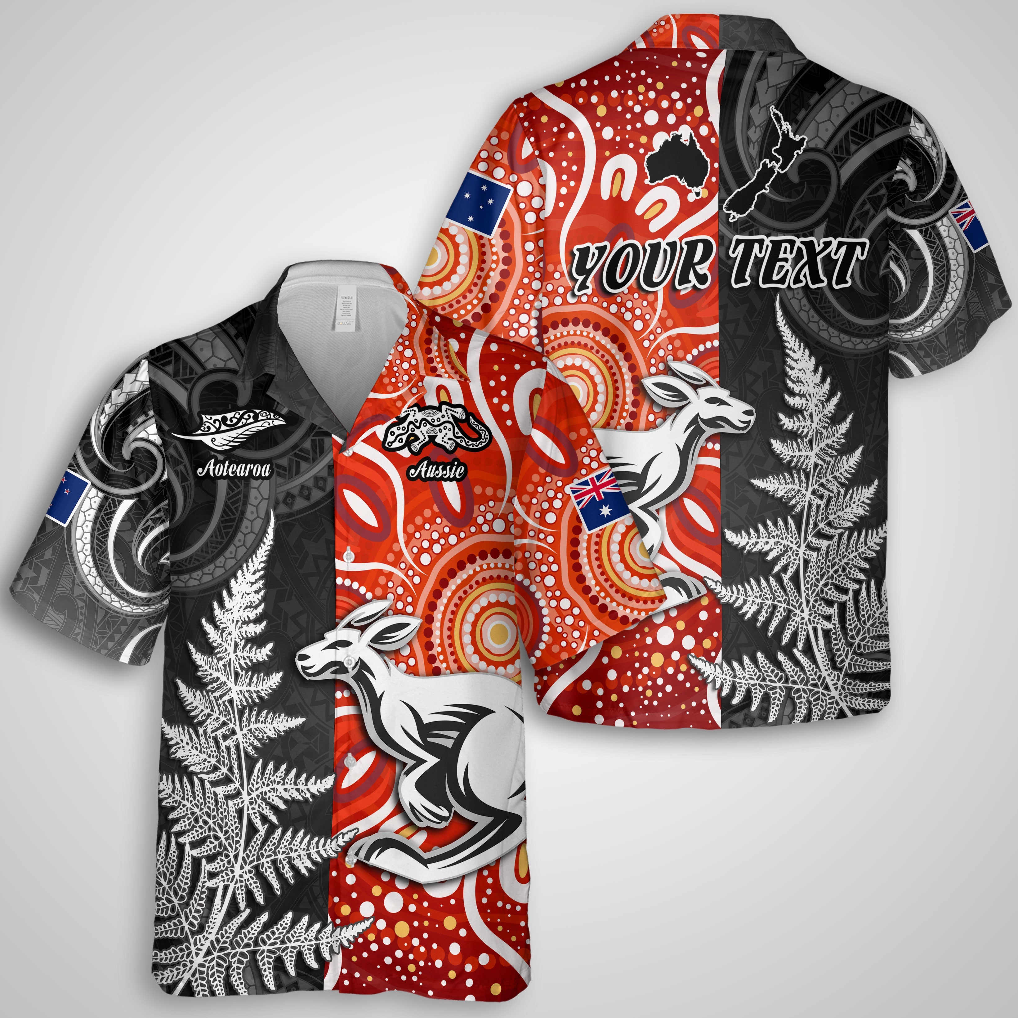 Custom New Zealand Rugby Hawaiian Shirt Aotearoa Silver Fern & Aussie Kangaroo Maori & Aboriginal - LH1