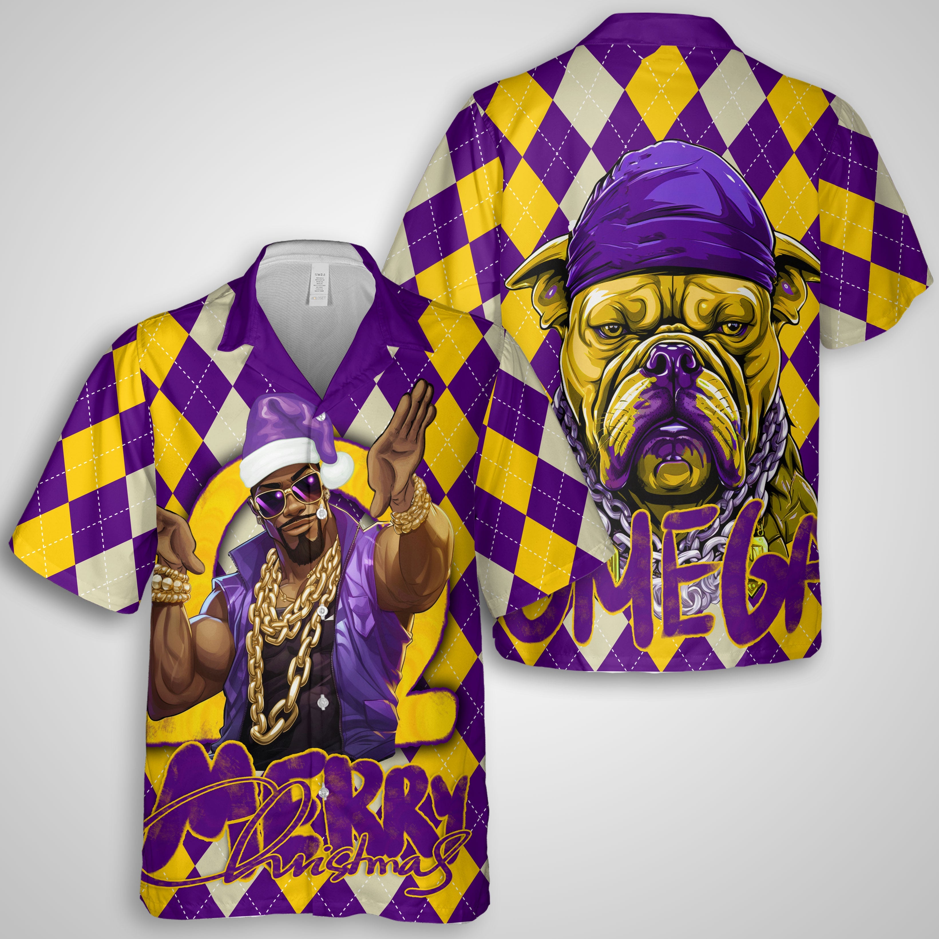 Fraternity Hawaiian Shirt - OPP Christmas Hawaiian Shirt Bulldog Purple Gold Caro Pattern Style