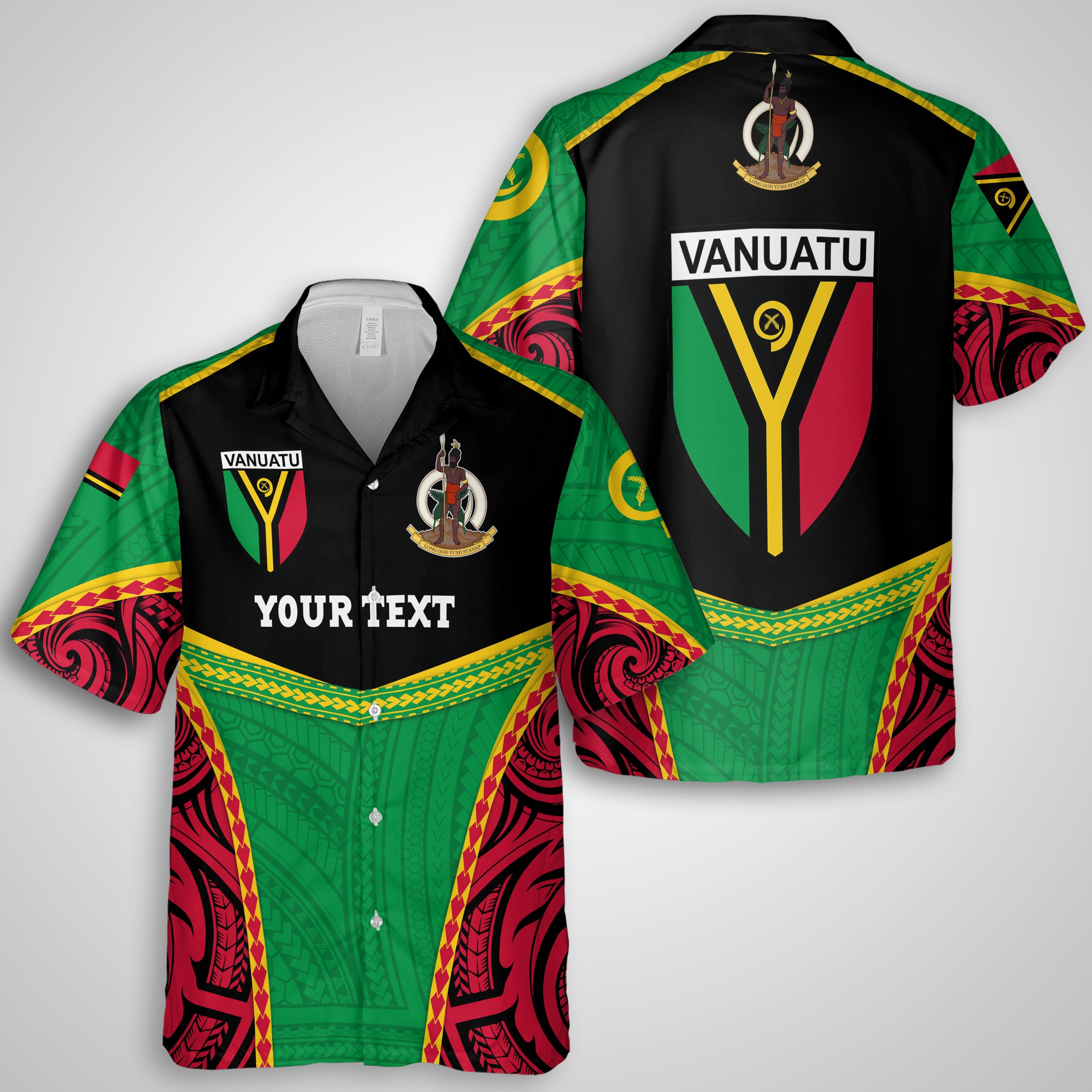 Custom Vanuatu Flag & Coat Of Arms Hawaiian Shirt Black Style