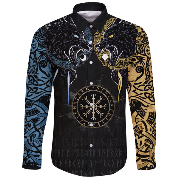 Viking Long Sleeve Button Shirt Hati And Skoll Tattoo Style