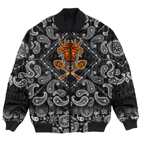 Viking Bomber Jacket Head Skull with Bandana Paisley Style